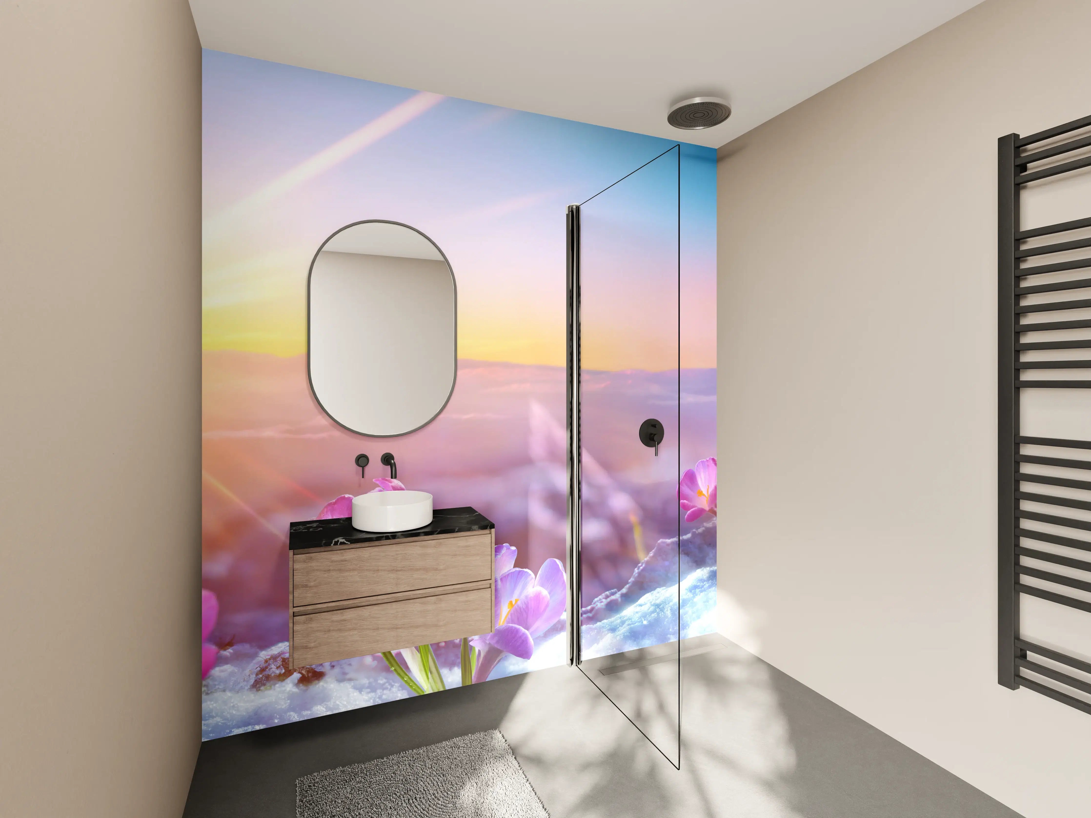 Wandverkleidung Bad - Bunte Frühlingswiese bei Sonnenaufgang