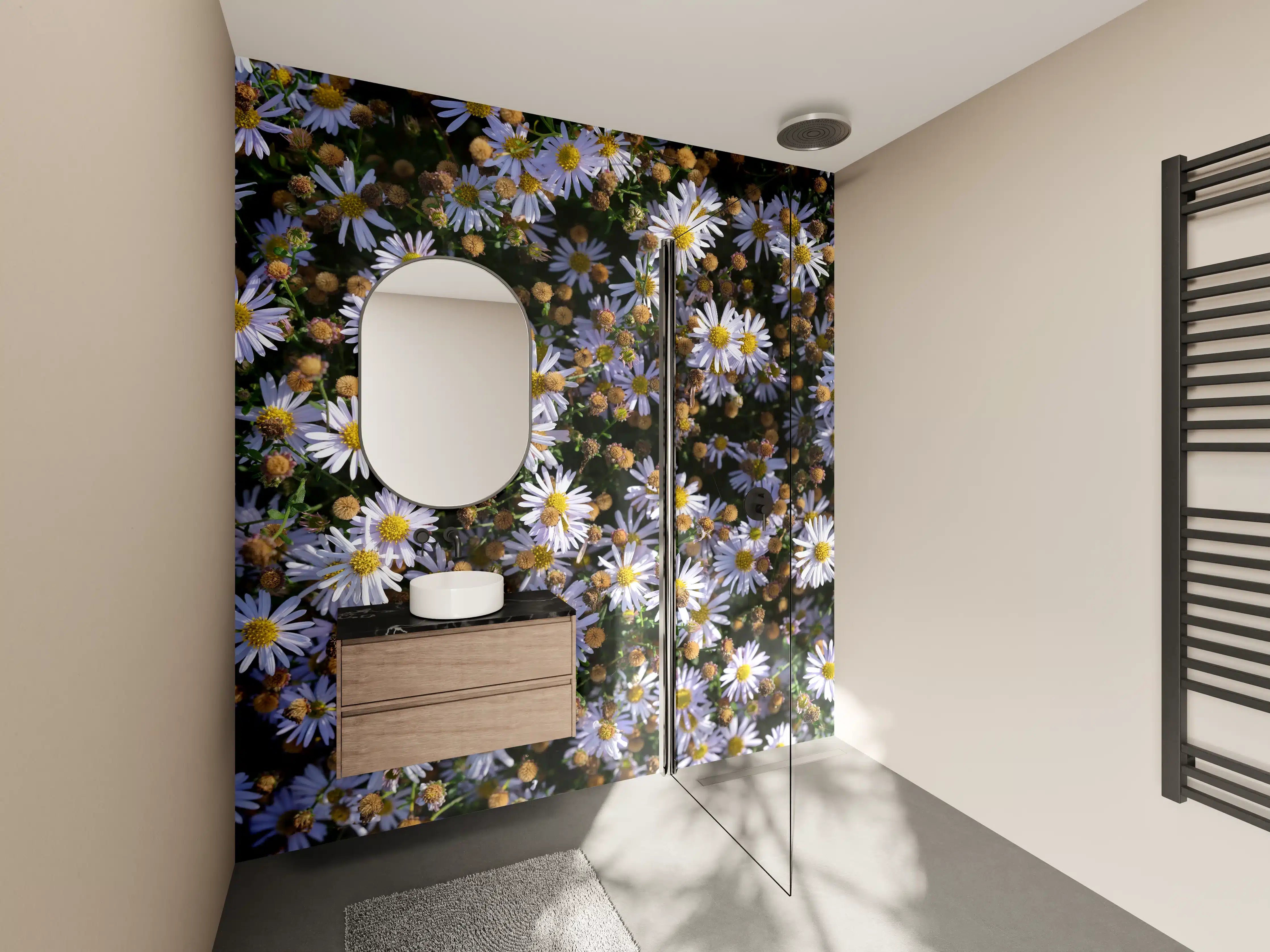 Wandverkleidung Bad - Bunte Gänseblümchen in voller Blüte
