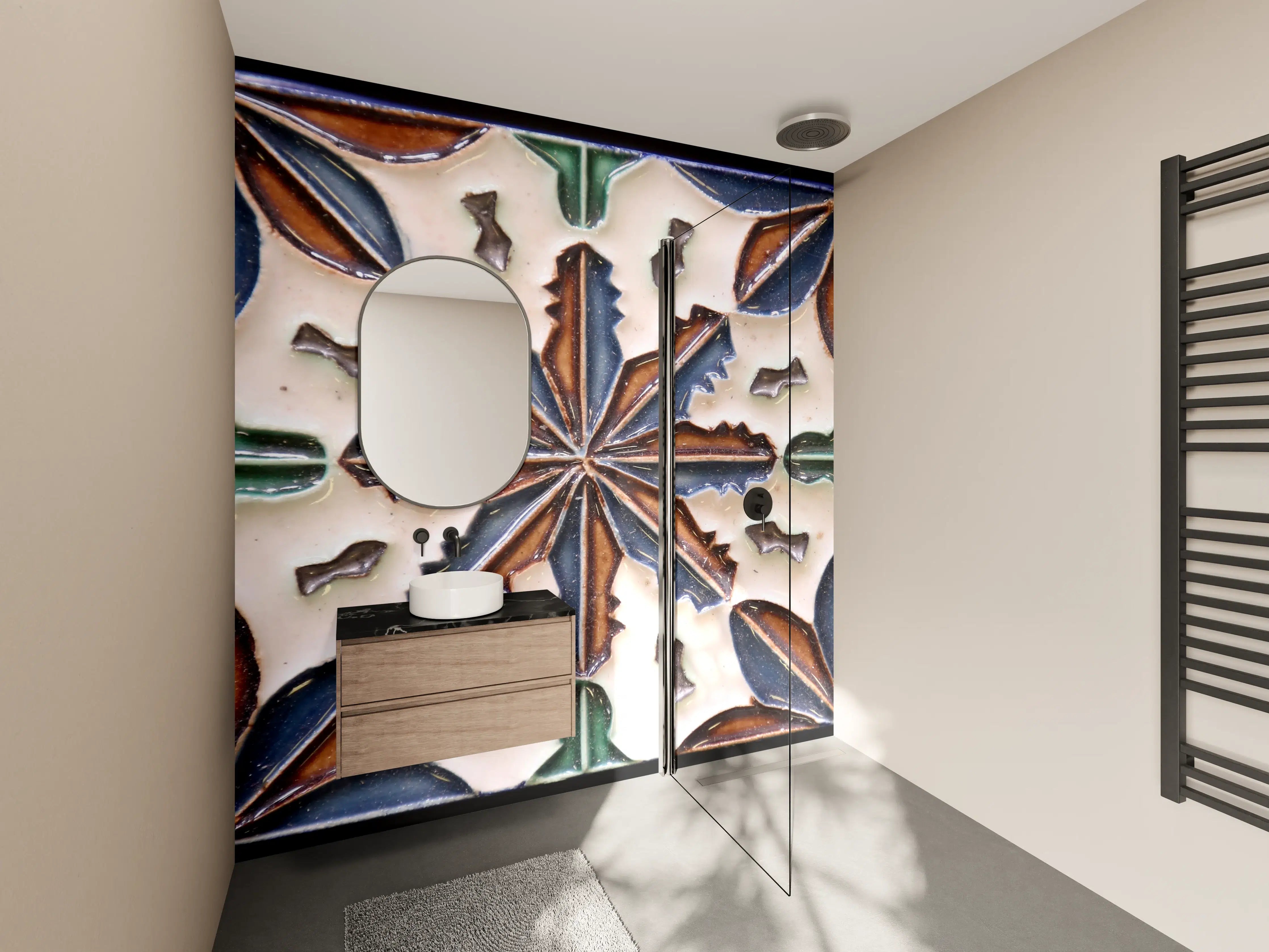 Wandverkleidung Bad - Bunte Keramikfliese mit geometrischem Muster