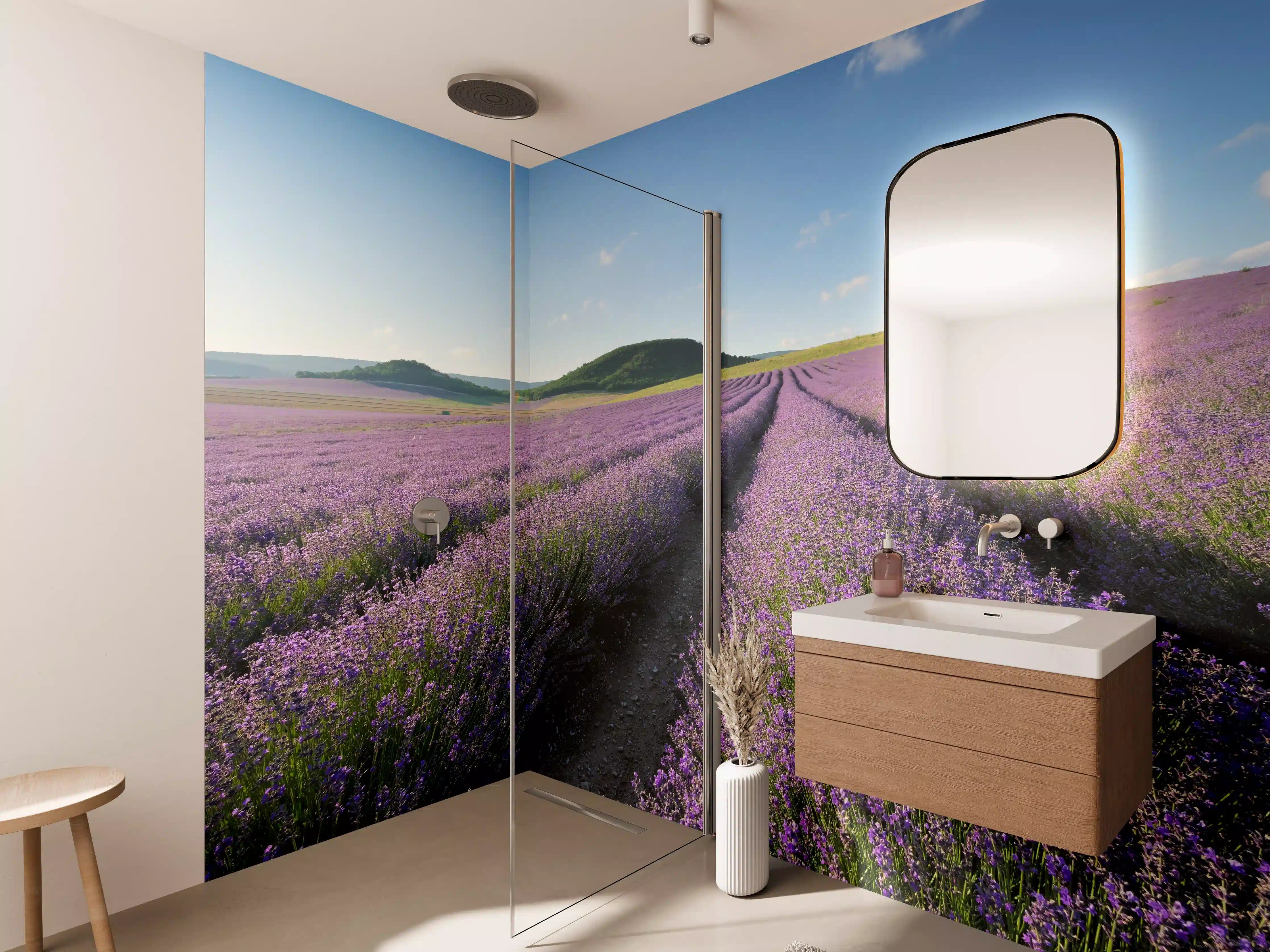 Wandverkleidung Bad - Bunte Lavendelfelder bei Sonnenschein