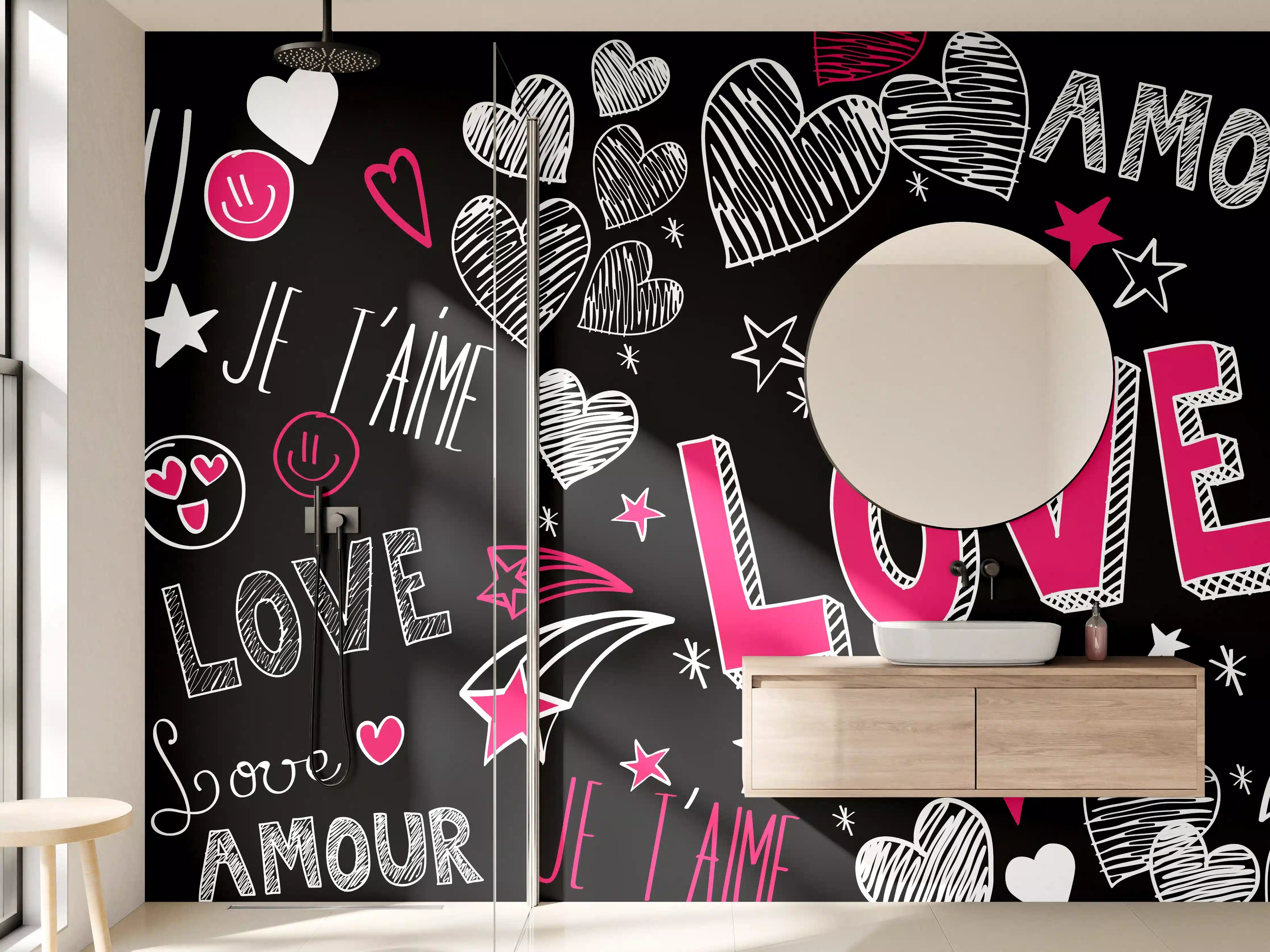 Wandverkleidung Bad - Bunte Liebe Herzen Schrift Banner