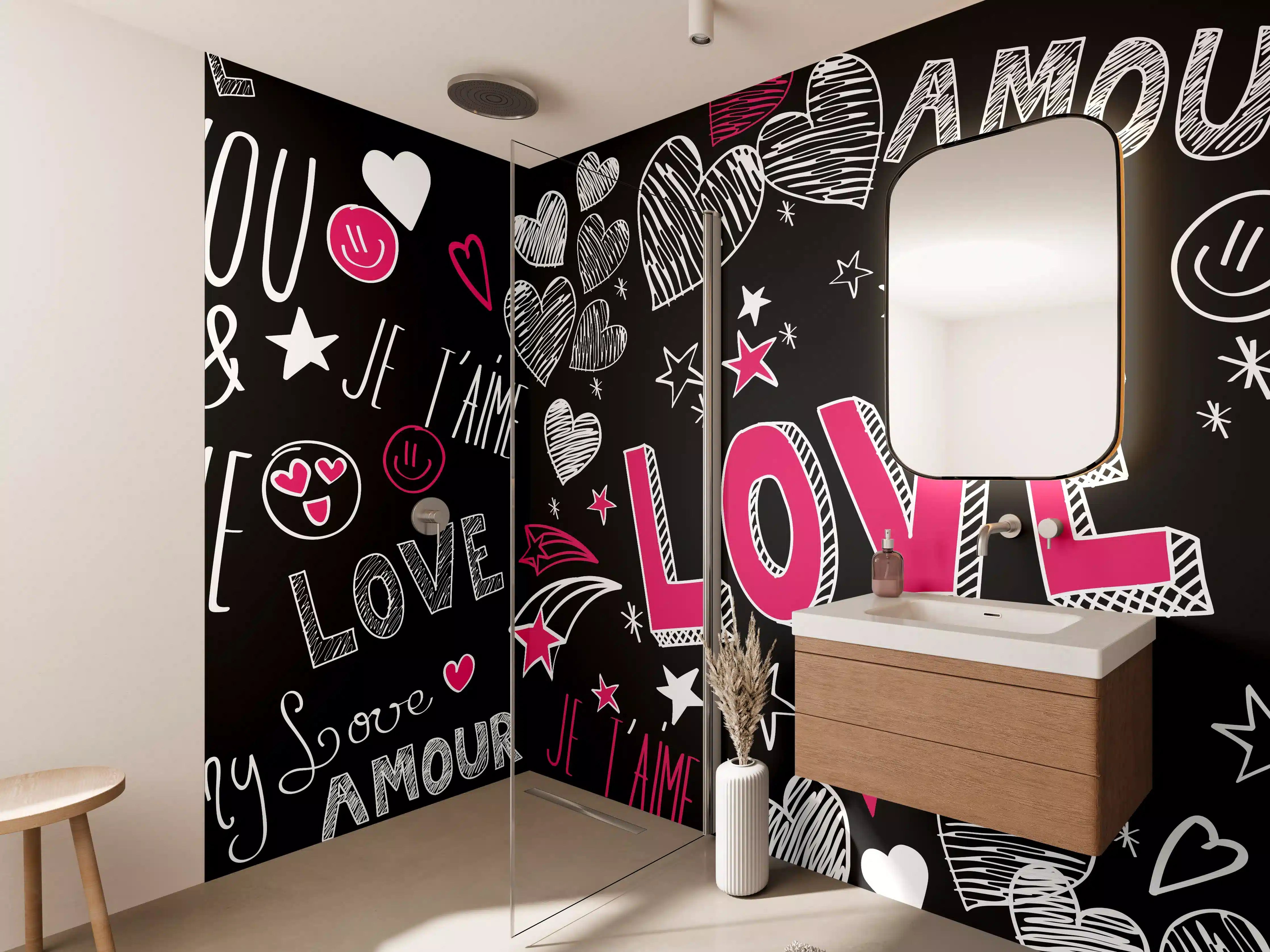 Wandverkleidung Bad - Bunte Liebe Herzen Schrift Banner