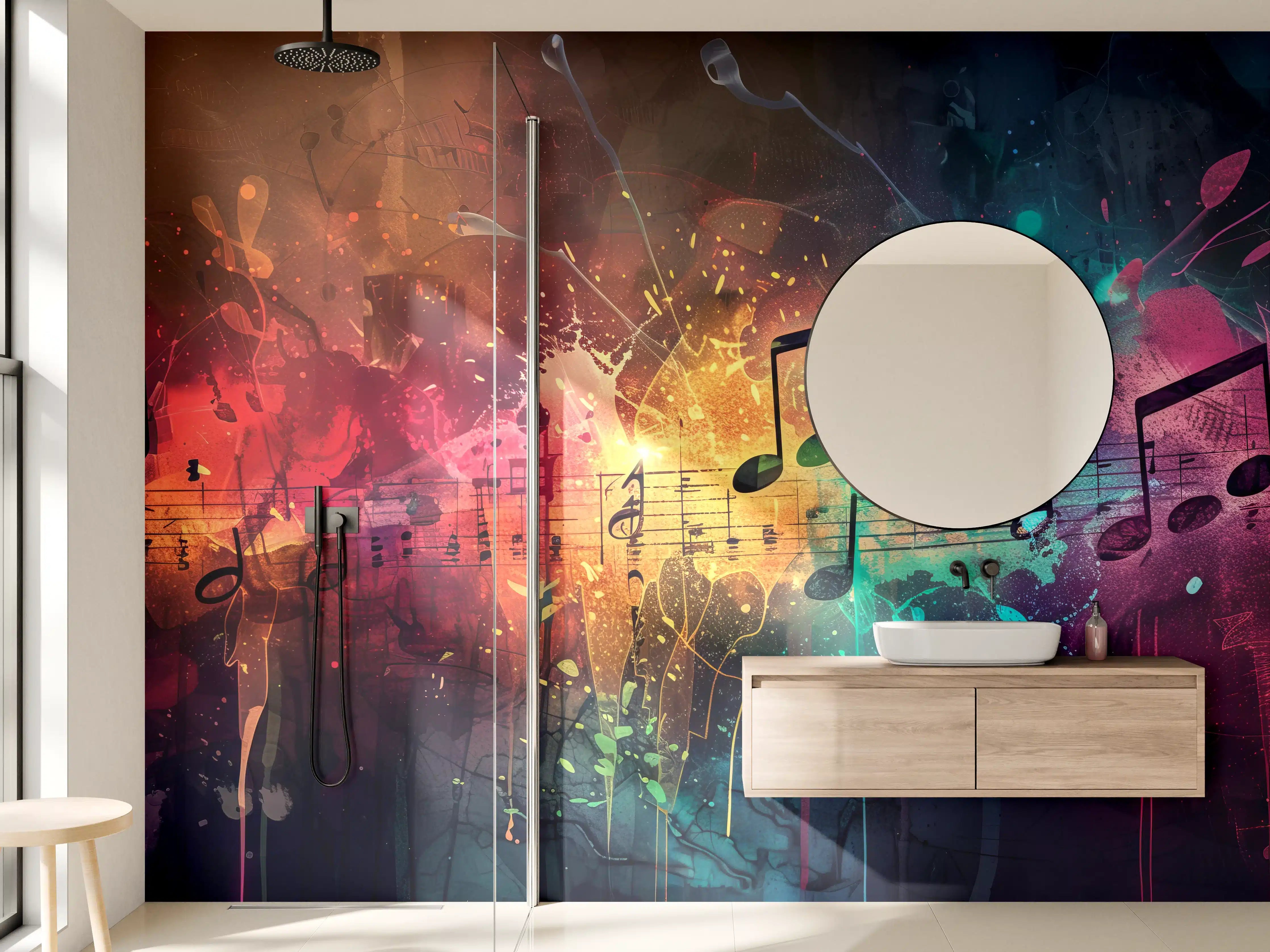 Wandverkleidung Bad - Bunte Musiknoten auf dunklem Hintergrund