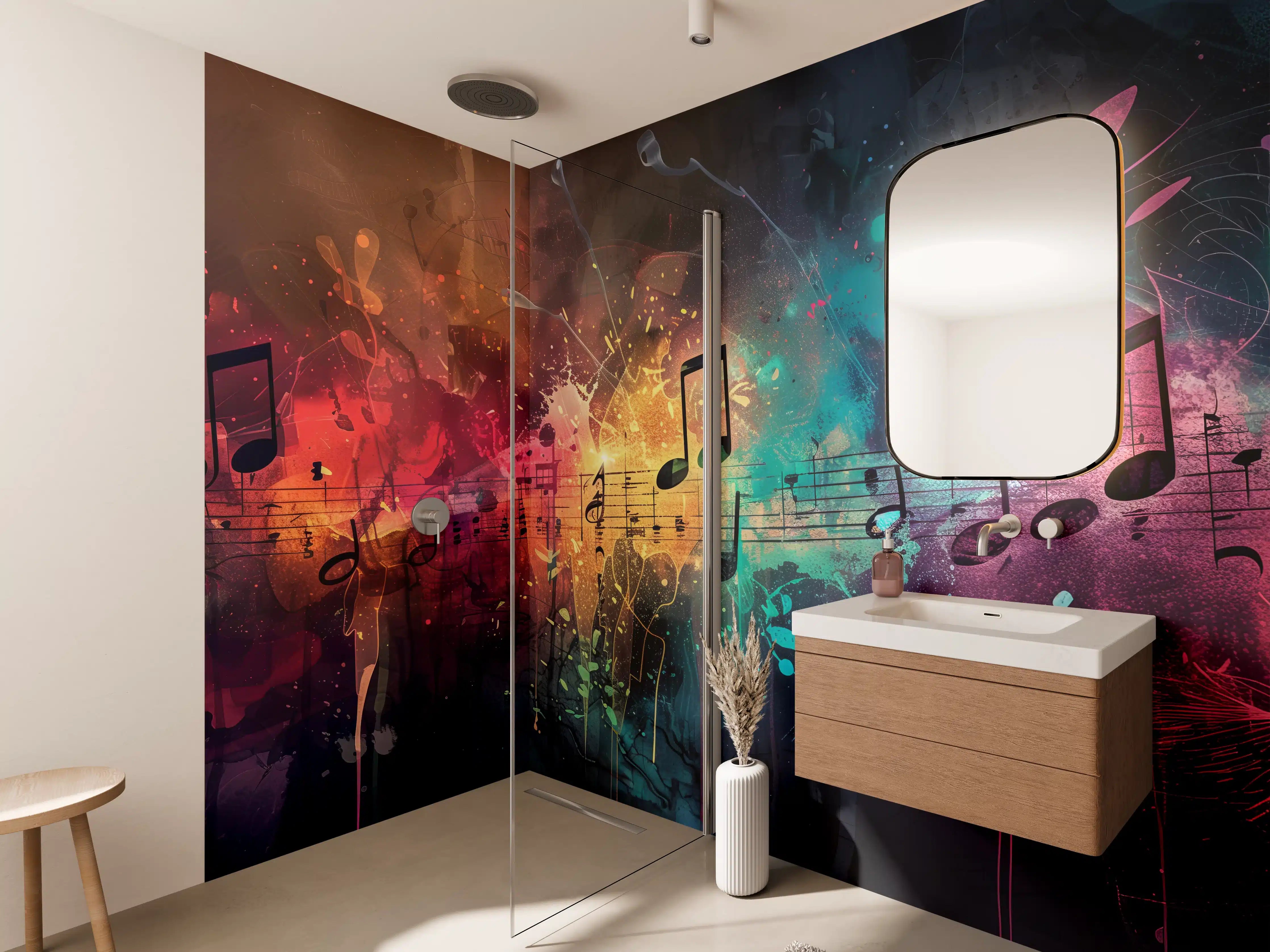 Wandverkleidung Bad - Bunte Musiknoten auf dunklem Hintergrund