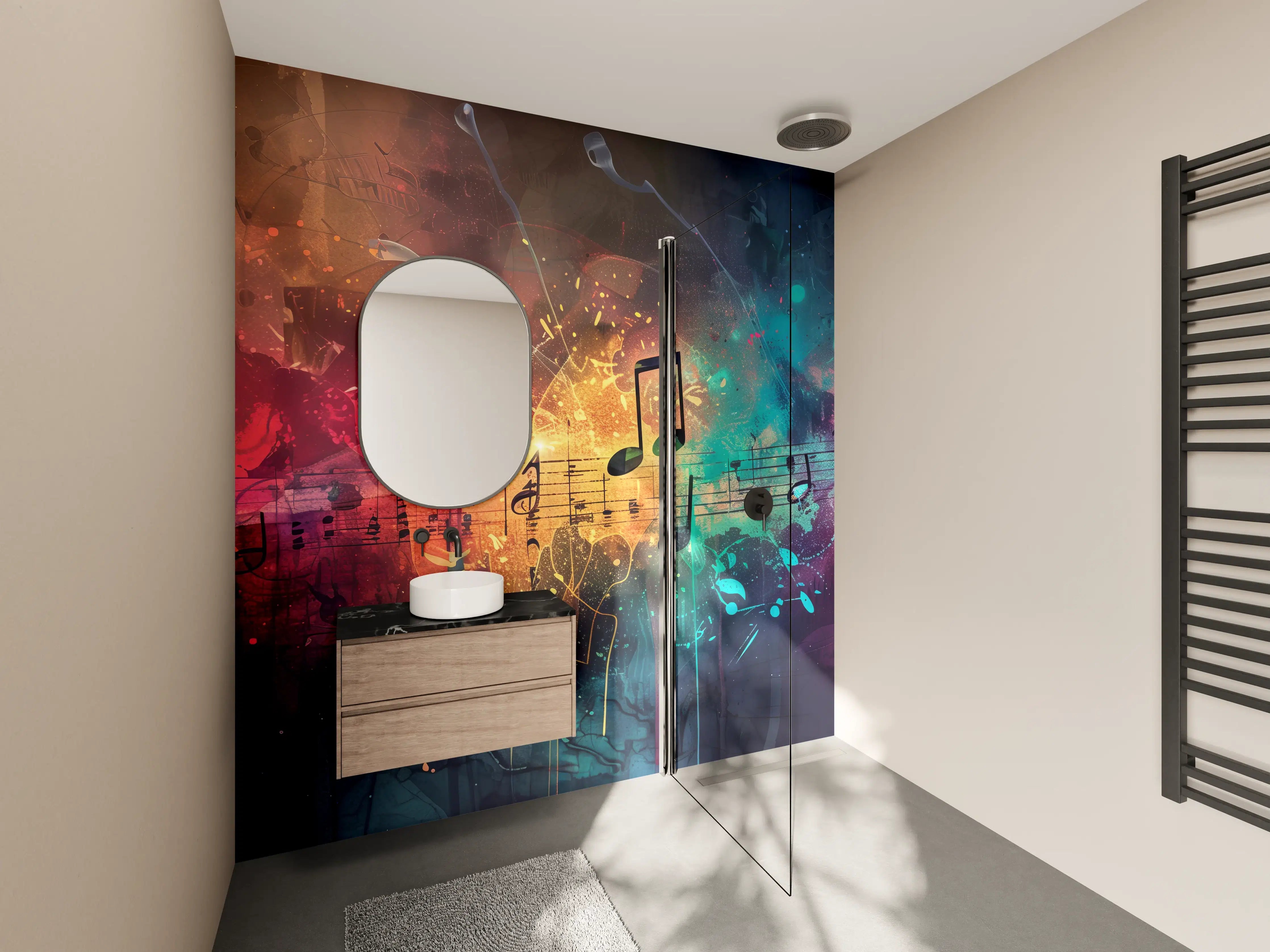 Wandverkleidung Bad - Bunte Musiknoten auf dunklem Hintergrund