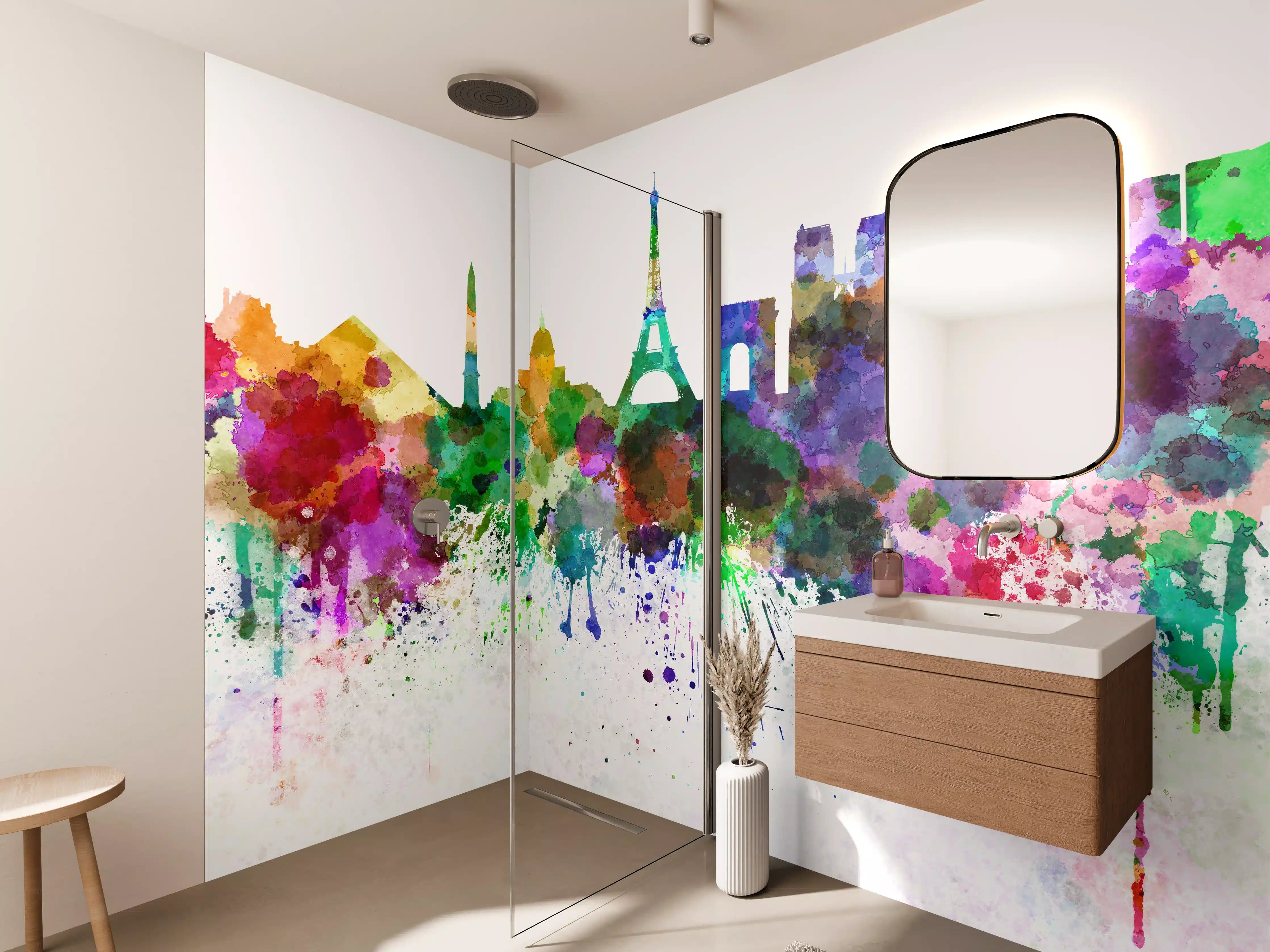 Wandverkleidung Bad - Bunte Paris Skyline Aquarell