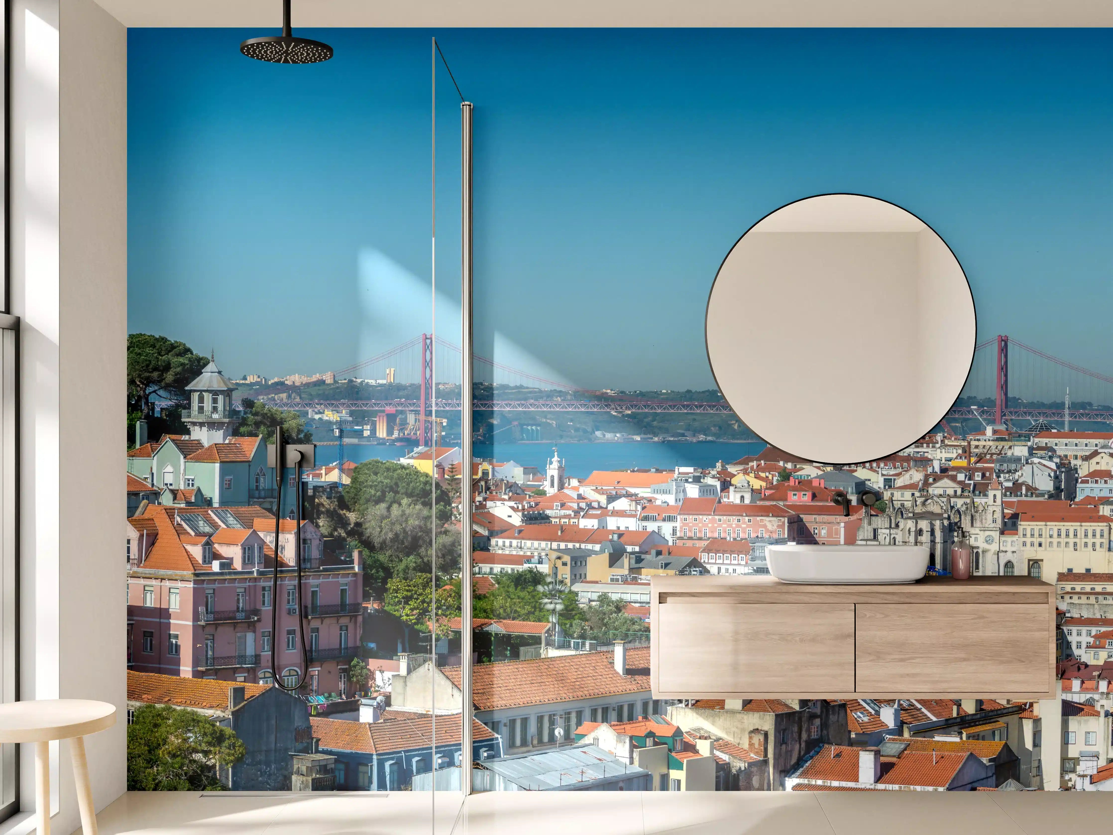 Wandverkleidung Bad - Bunte Stadtansicht mit Brücke und Hügel