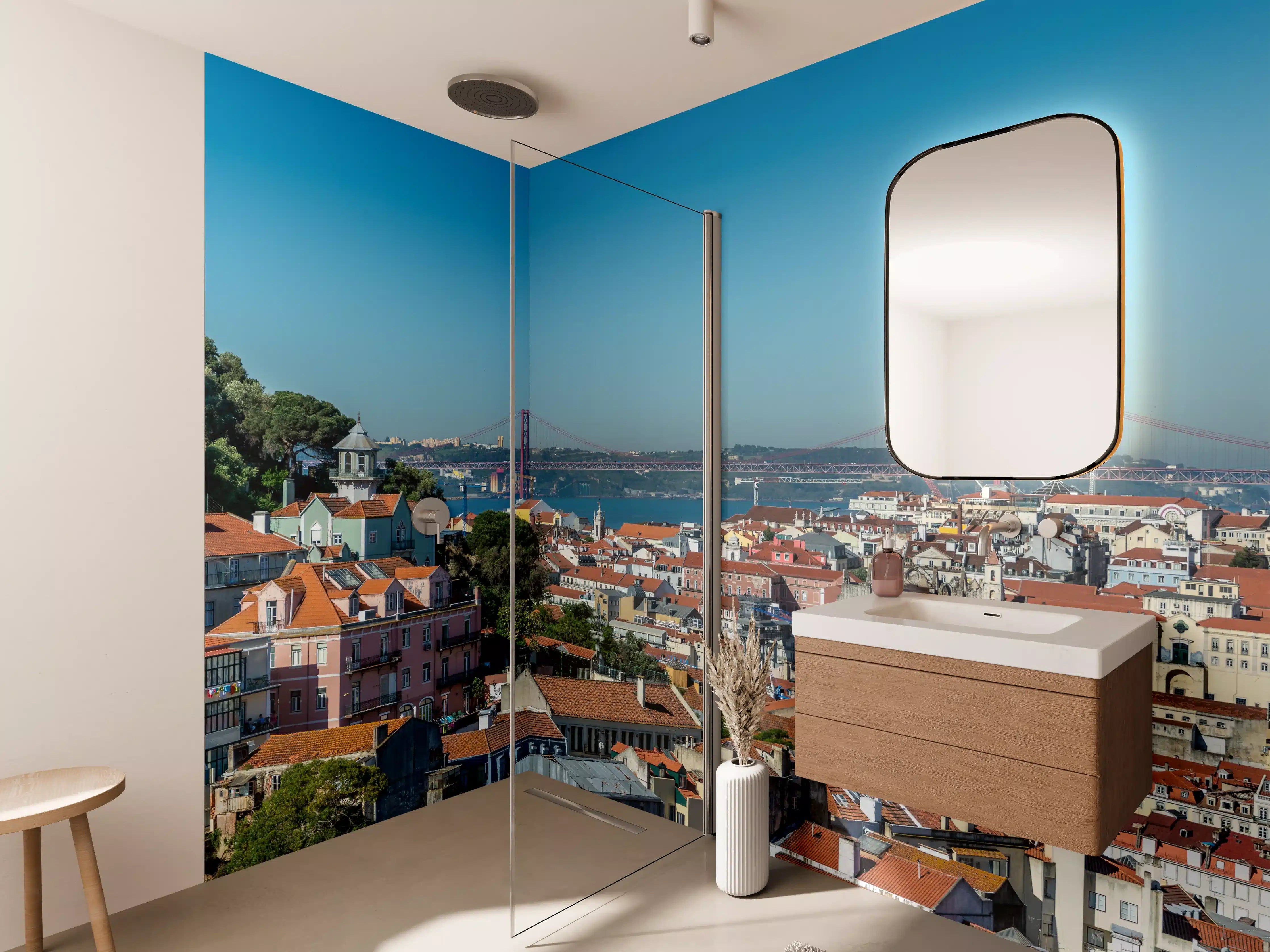 Wandverkleidung Bad - Bunte Stadtansicht mit Brücke und Hügel