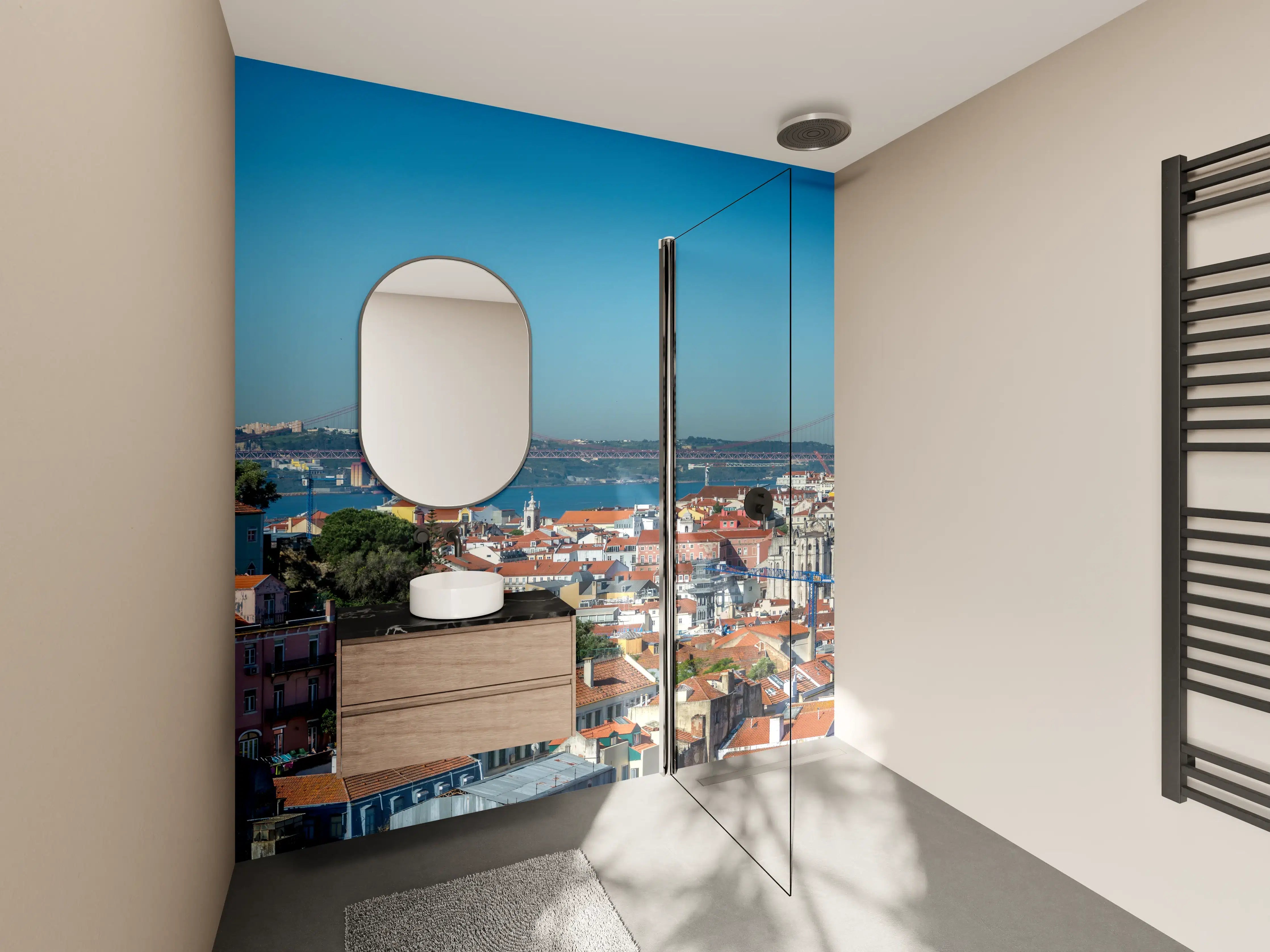 Wandverkleidung Bad - Bunte Stadtansicht mit Brücke und Hügel