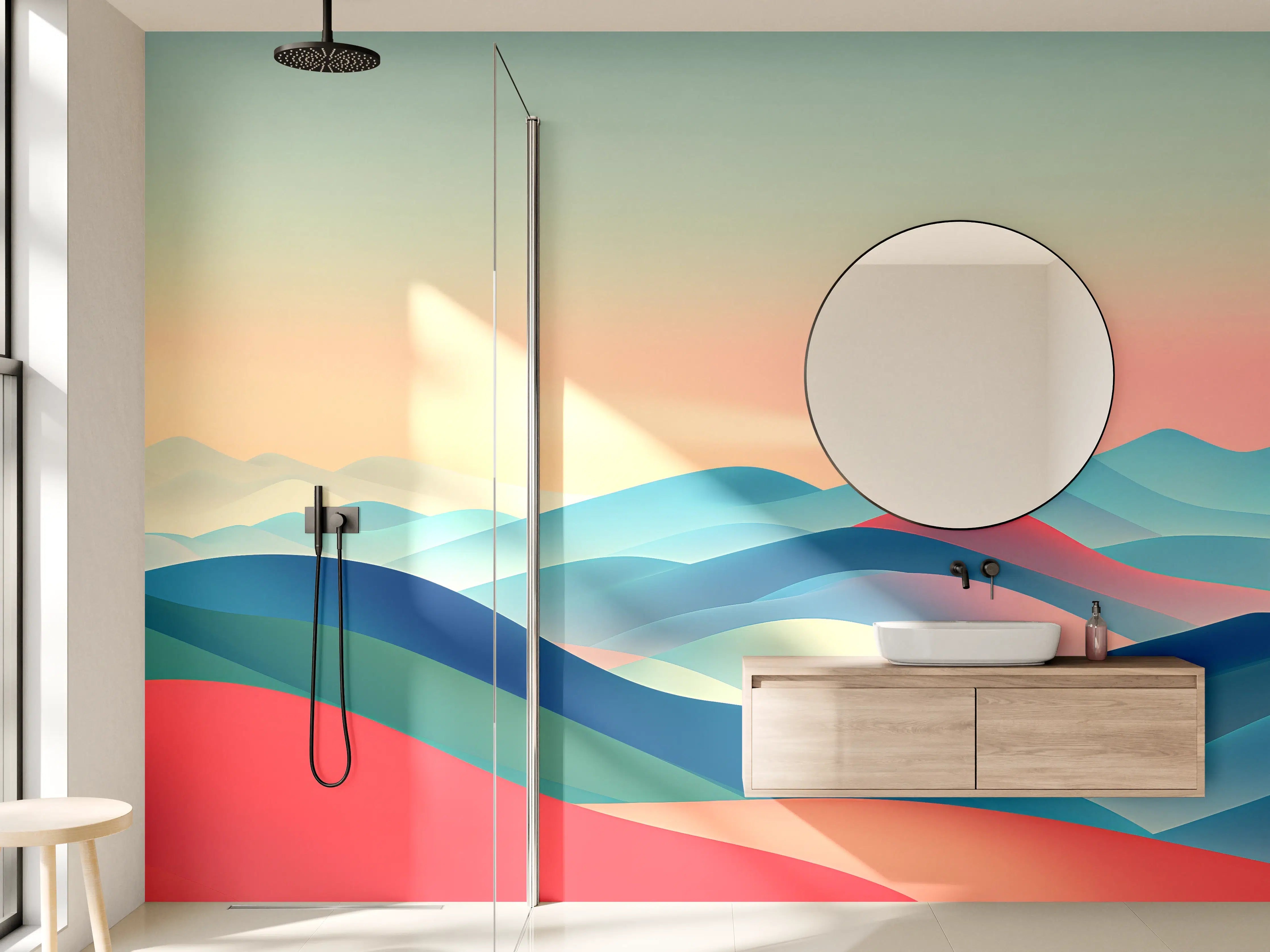 Wandverkleidung Bad - Bunte abstrakte Landschaft mit Leuchtturm