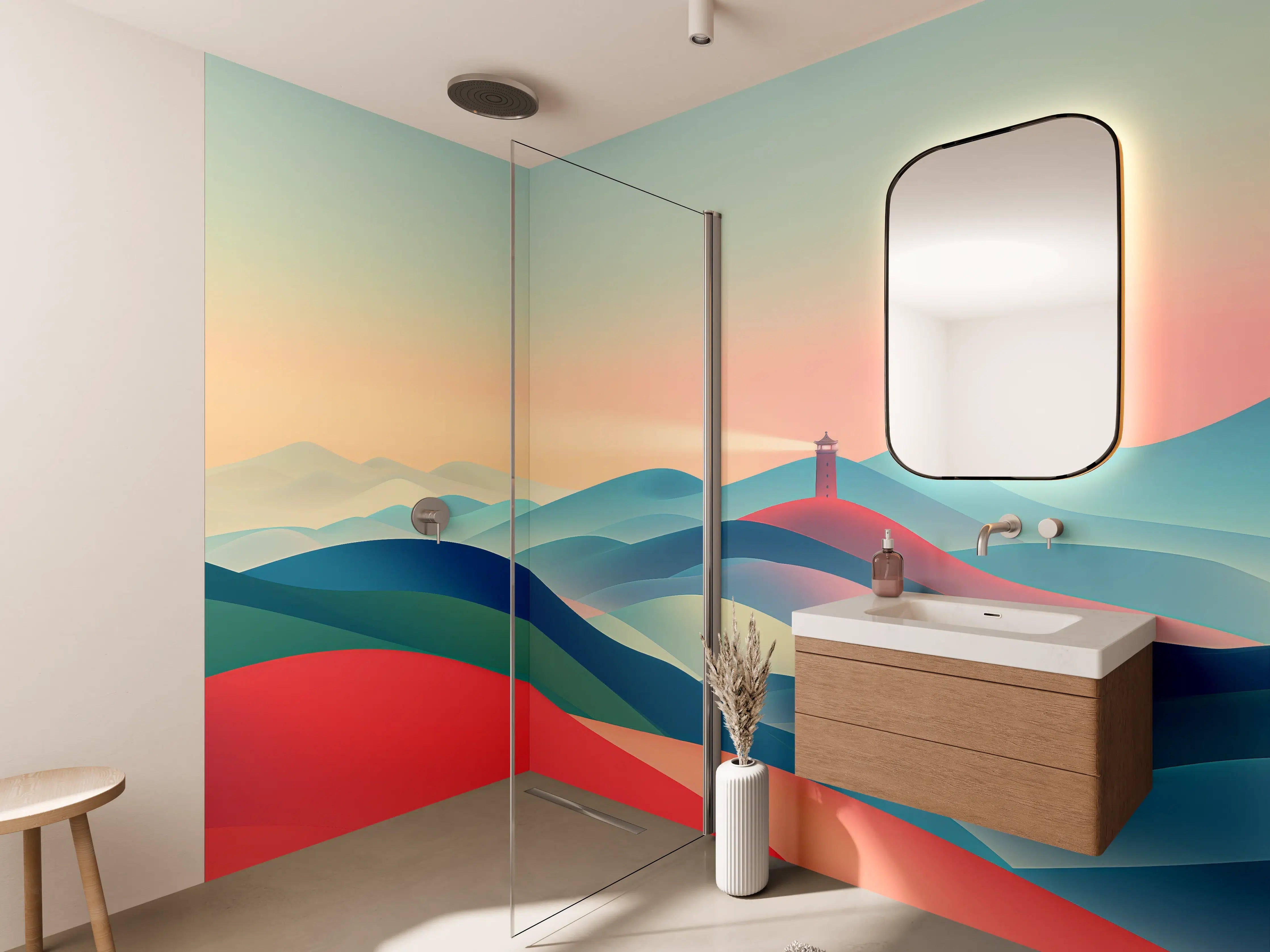 Wandverkleidung Bad - Bunte abstrakte Landschaft mit Leuchtturm