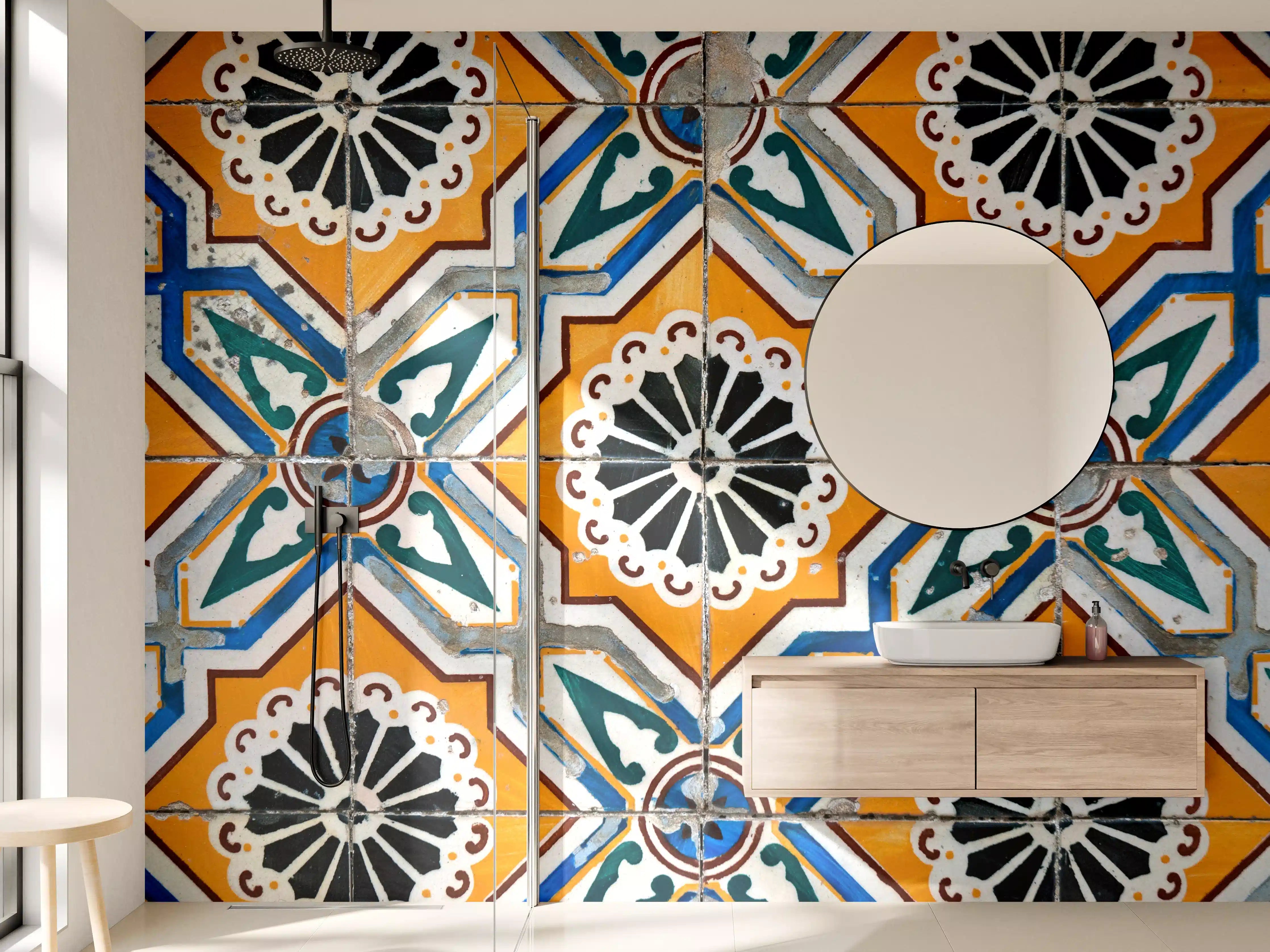 Wandverkleidung Bad - Bunte aztekische Fliesenmuster mit warmen Farben