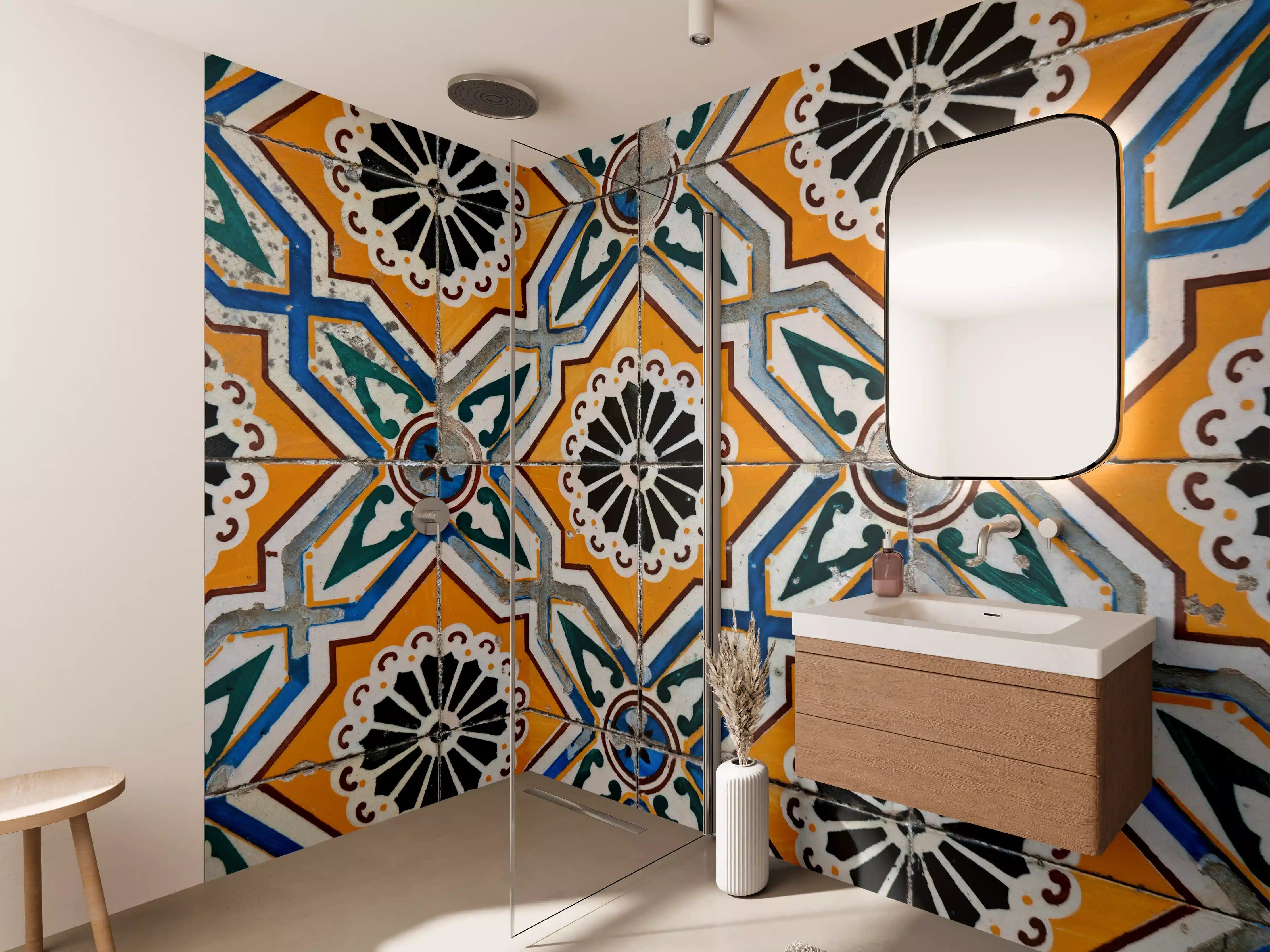 Wandverkleidung Bad - Bunte aztekische Fliesenmuster mit warmen Farben