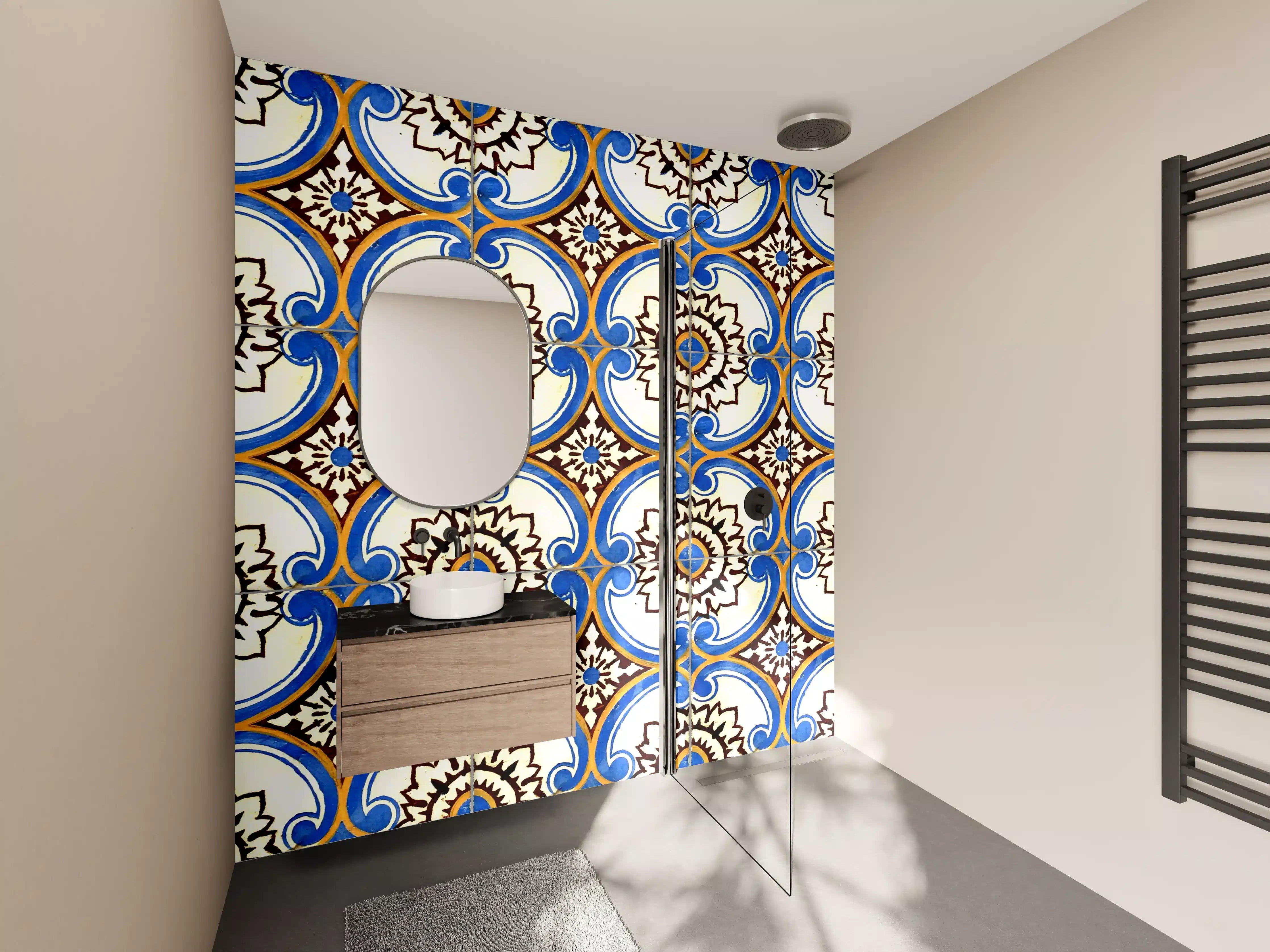 Wandverkleidung Bad - Bunte geometrische Fliesenmuster mit Blau, Weiß und Gold