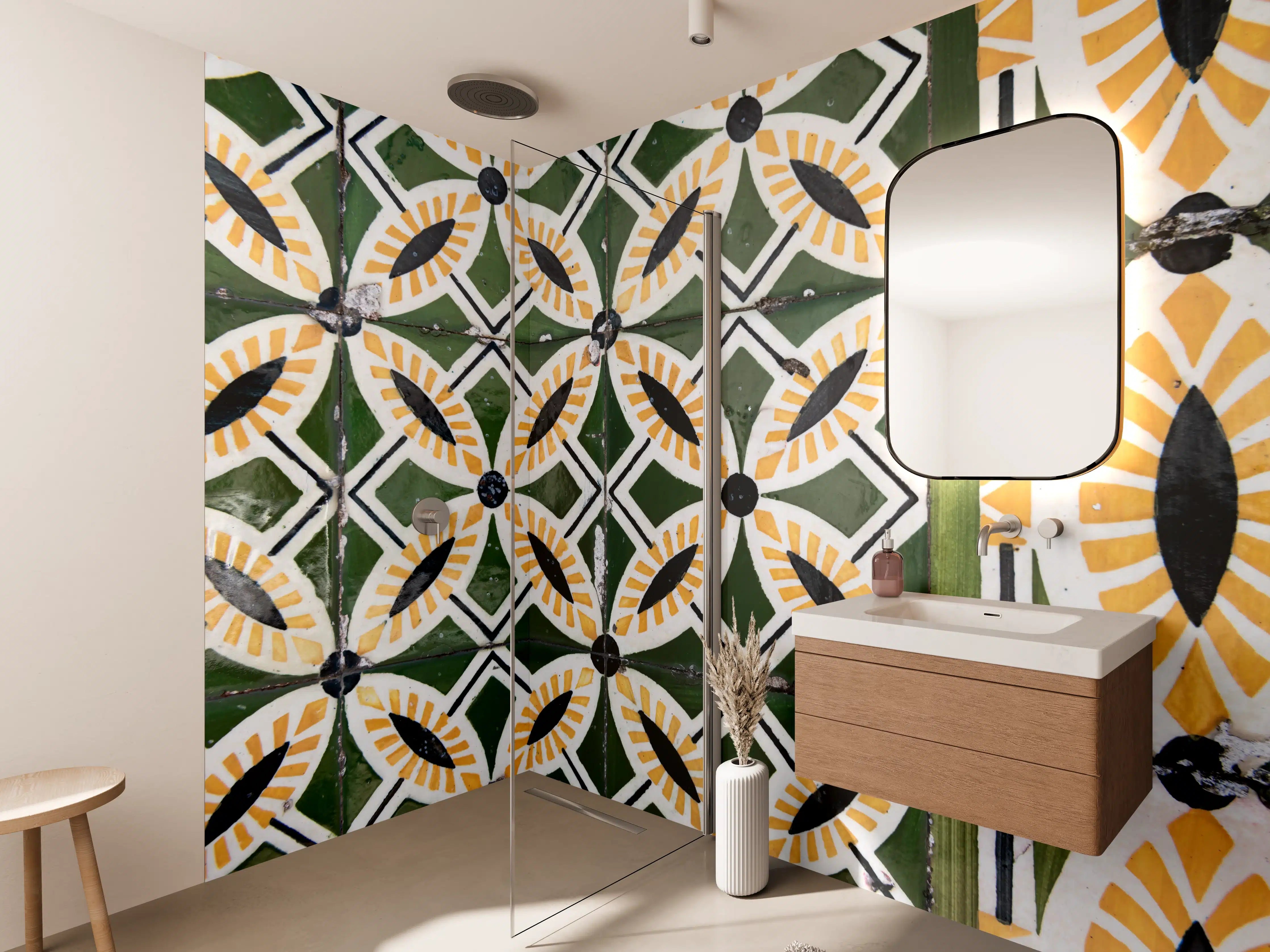 Wandverkleidung Bad - Bunte, geometrische Fliesenmuster mit Grüntönen