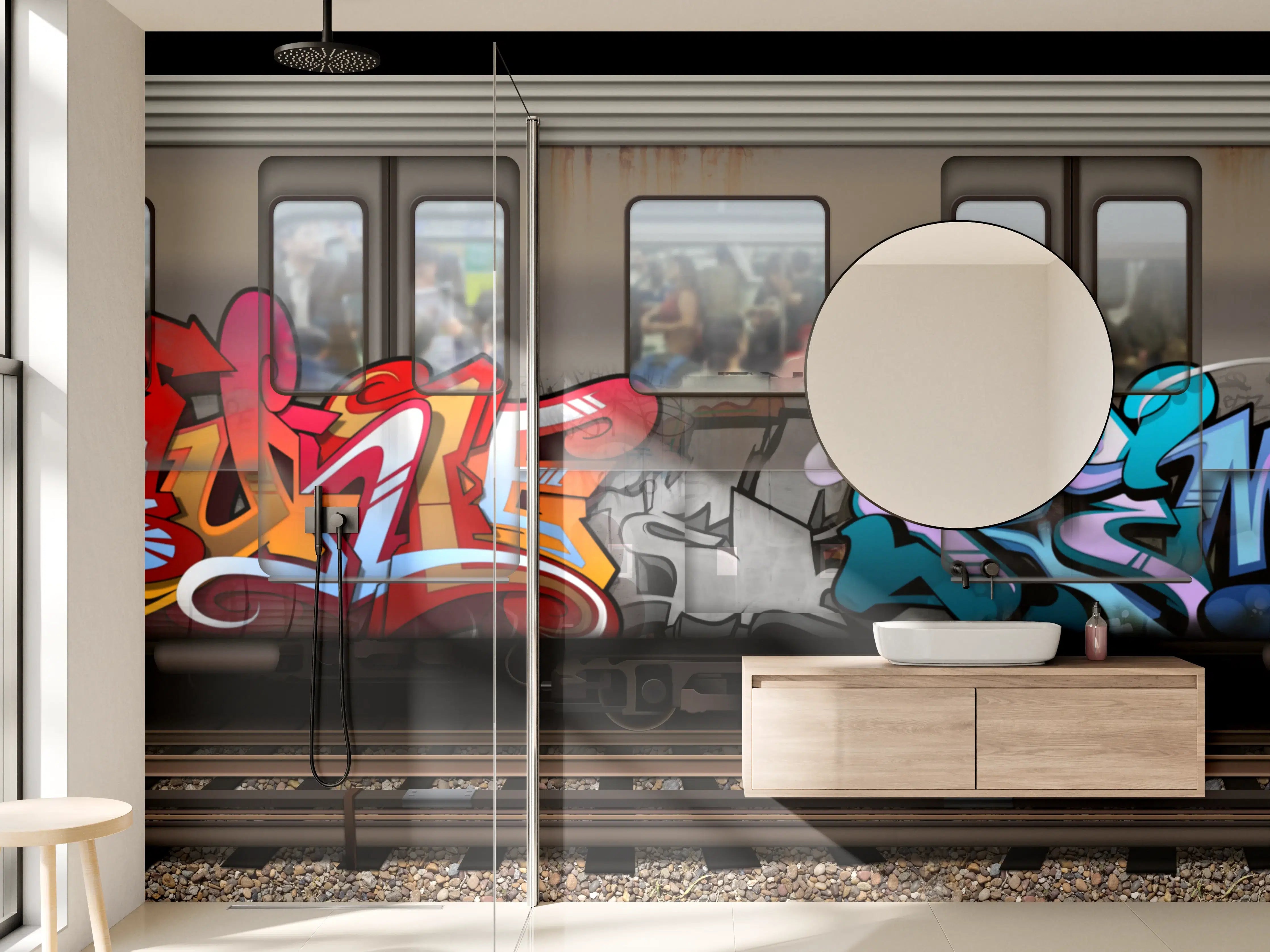 Wandverkleidung Bad - Bunter Graffiti-Zug Kunstwerk