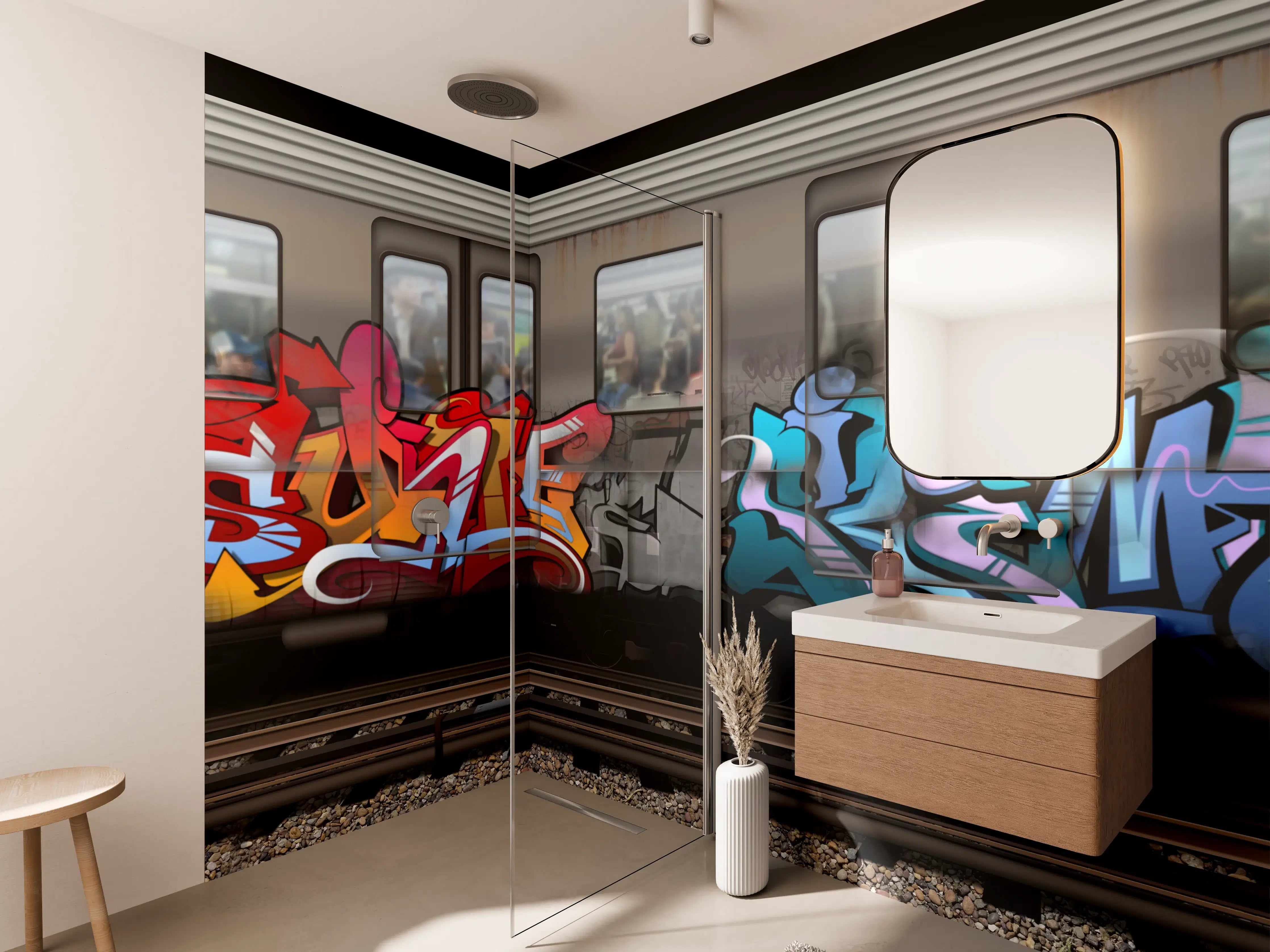 Wandverkleidung Bad - Bunter Graffiti-Zug Kunstwerk