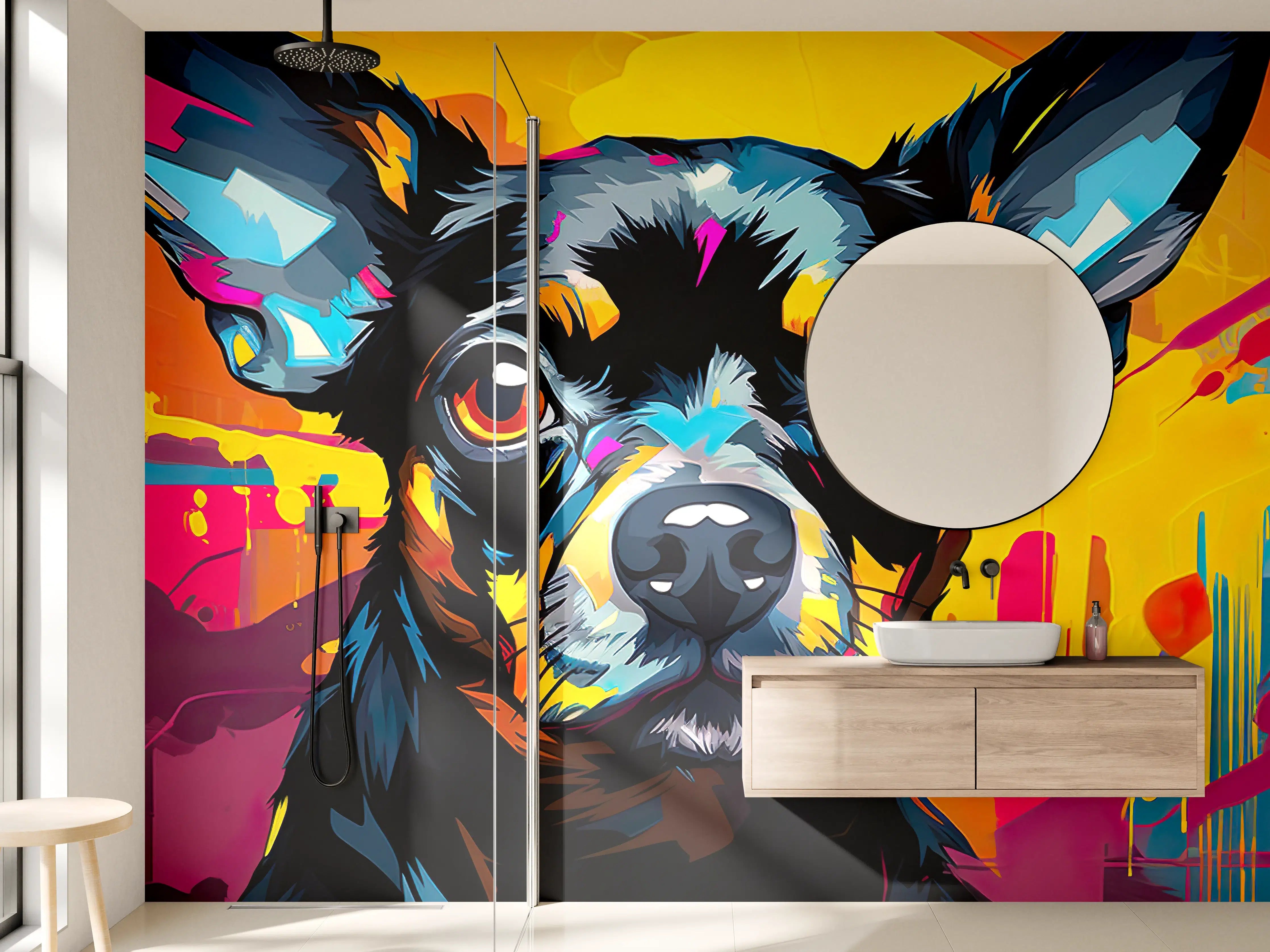 Wandverkleidung Bad - Bunter Hund in abstrakter Kunst