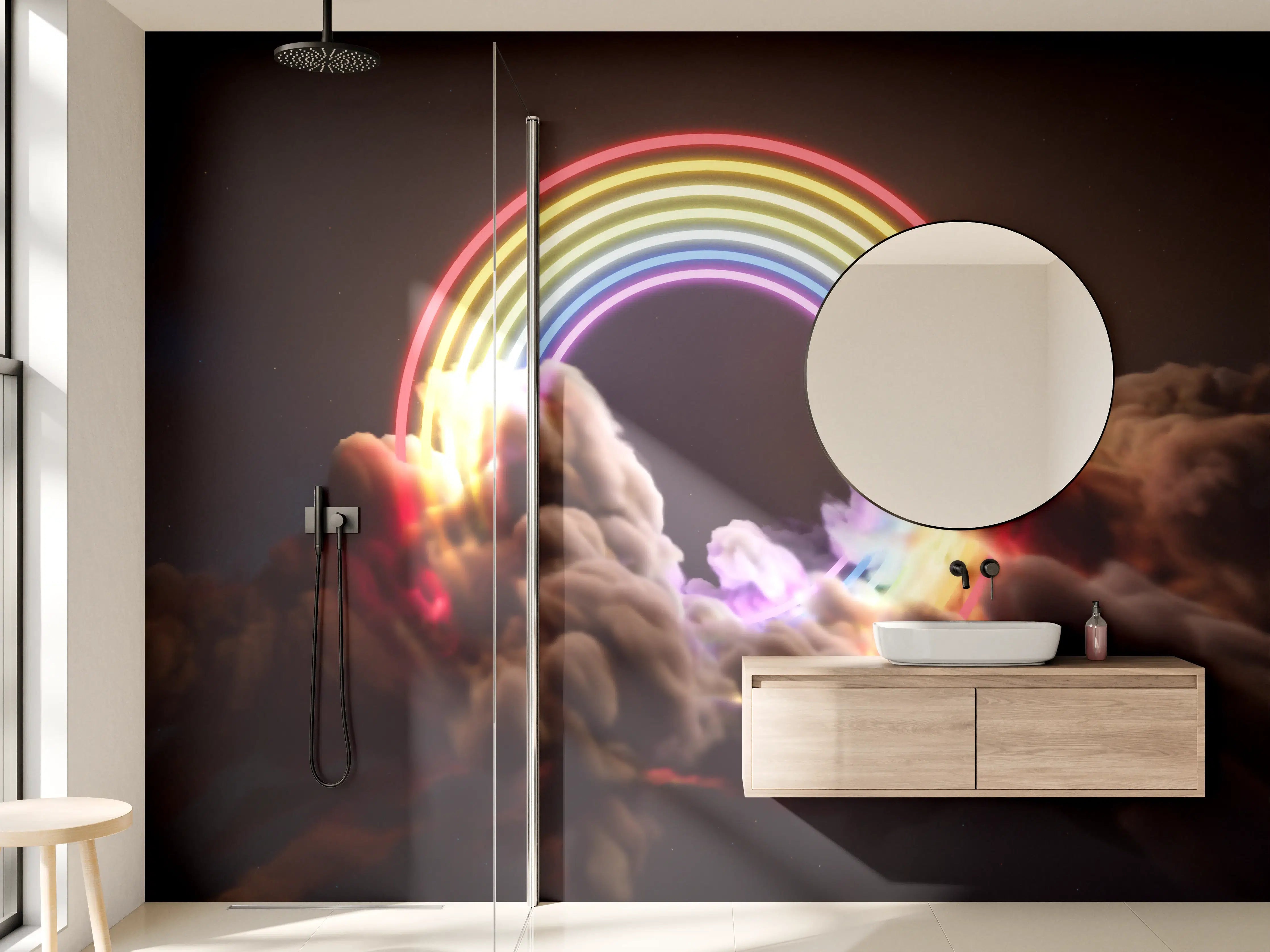 Wandverkleidung Bad - Bunter Neon-Regenbogen auf Wolken