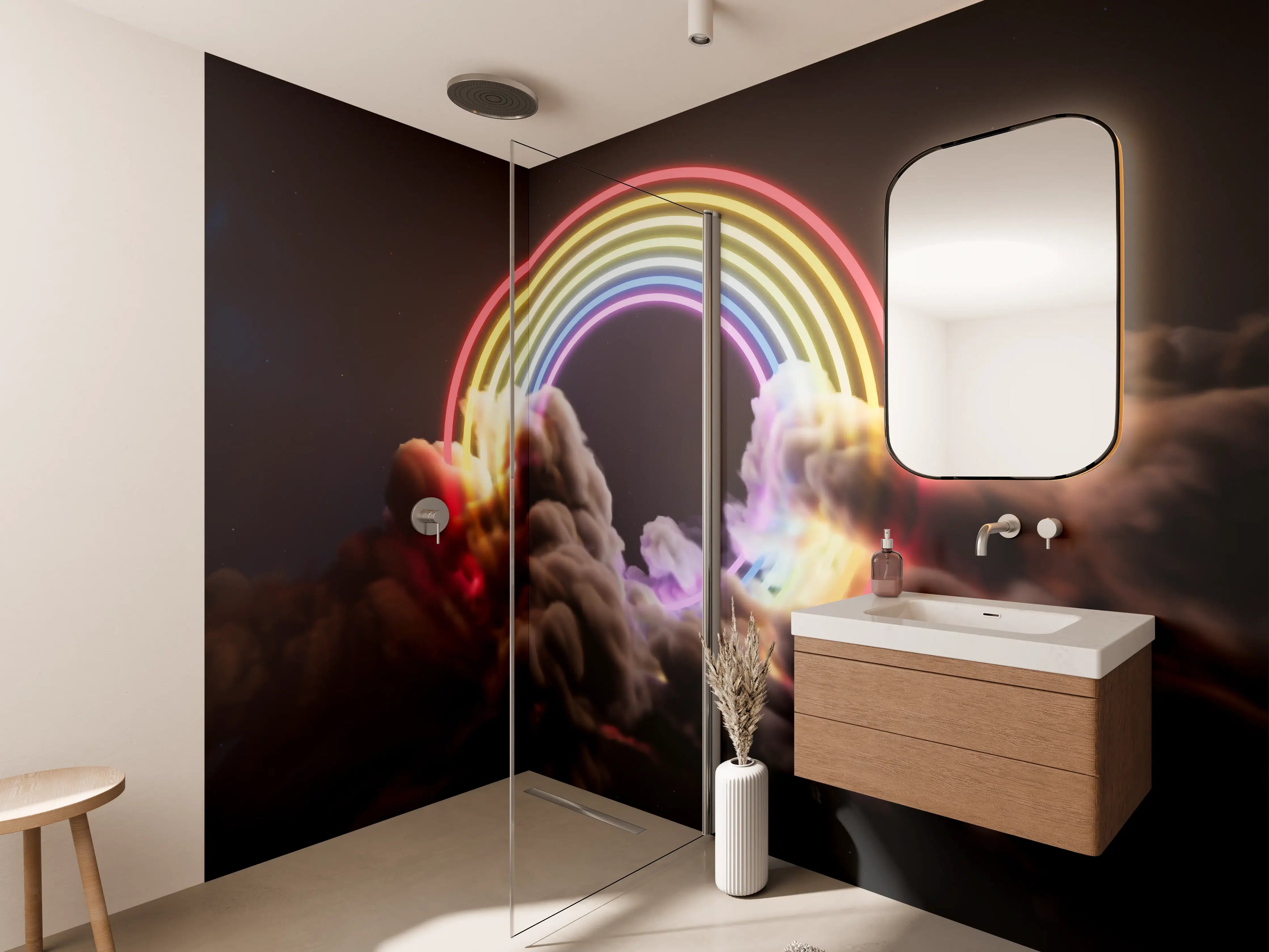 Wandverkleidung Bad - Bunter Neon-Regenbogen auf Wolken