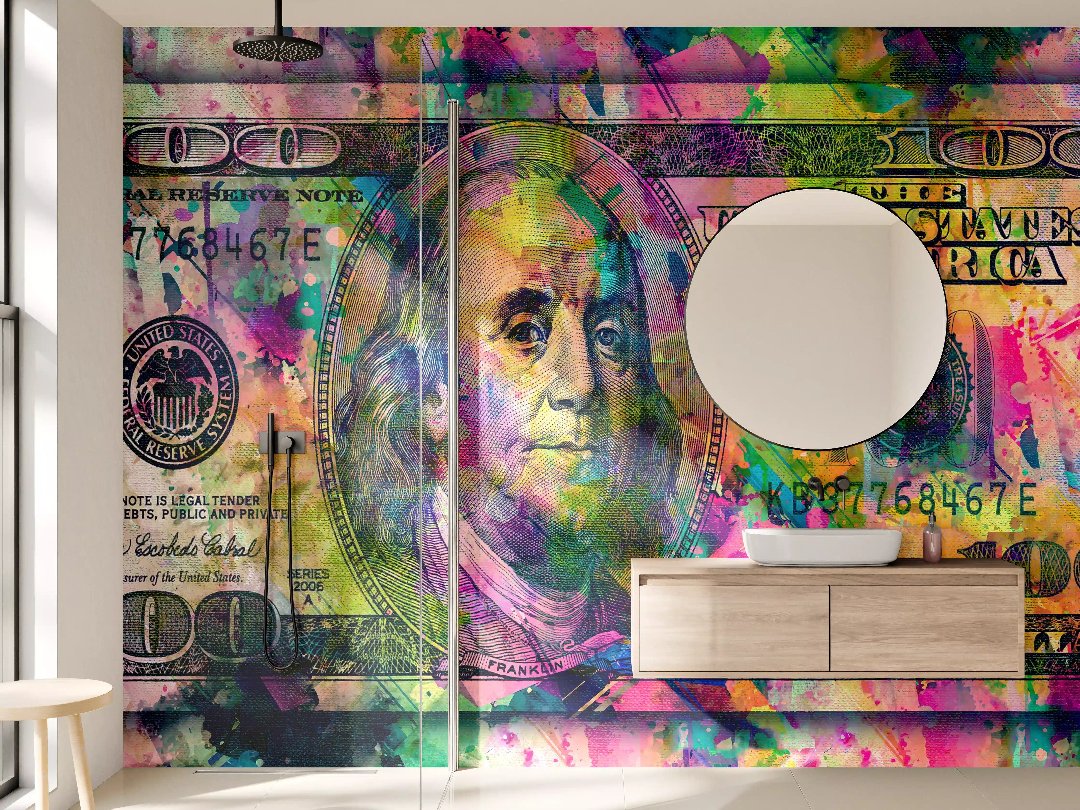 Wandverkleidung Bad - Buntes Geld-Kunstwerk-Leinwandbild