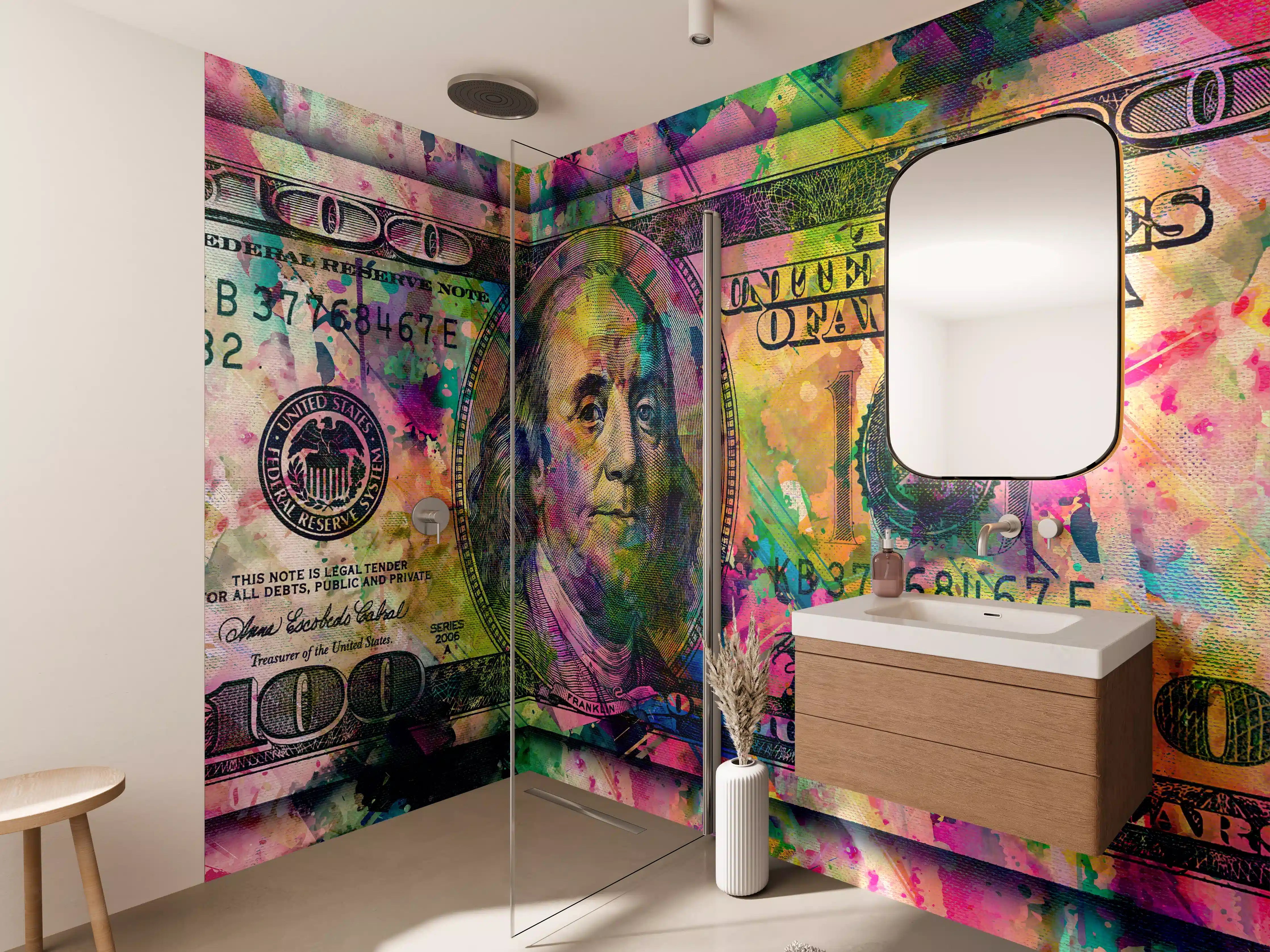 Wandverkleidung Bad - Buntes Geld-Kunstwerk-Leinwandbild