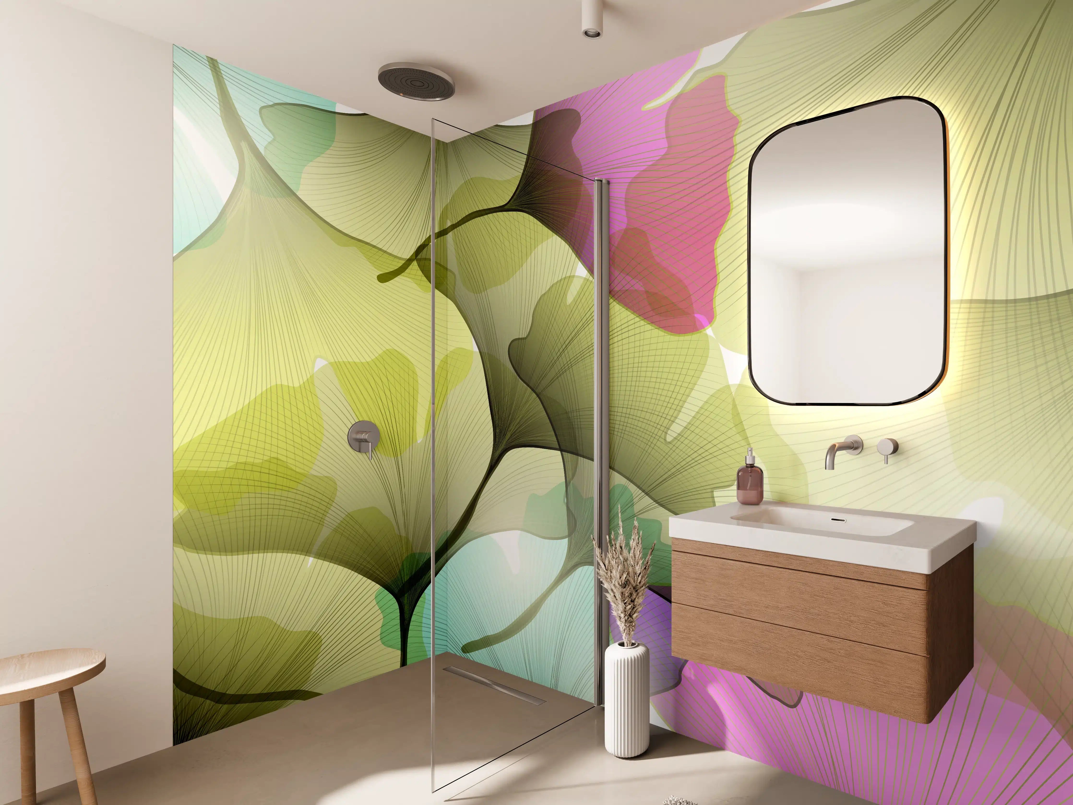 Wandverkleidung Bad - Buntes Ginkgo Blätter Design