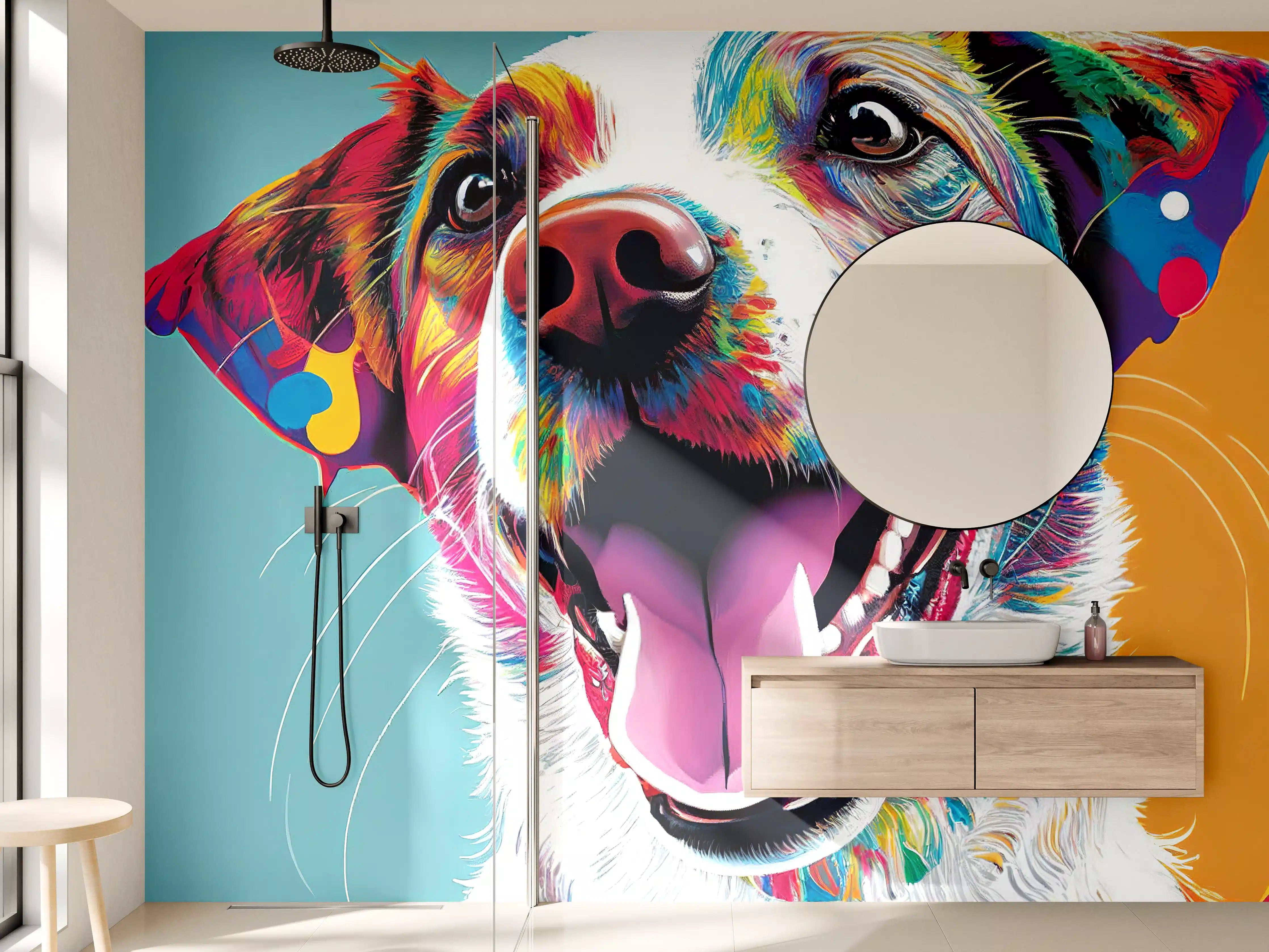 Wandverkleidung Bad - Buntes Hundeporträt mit fröhlichem Ausdruck