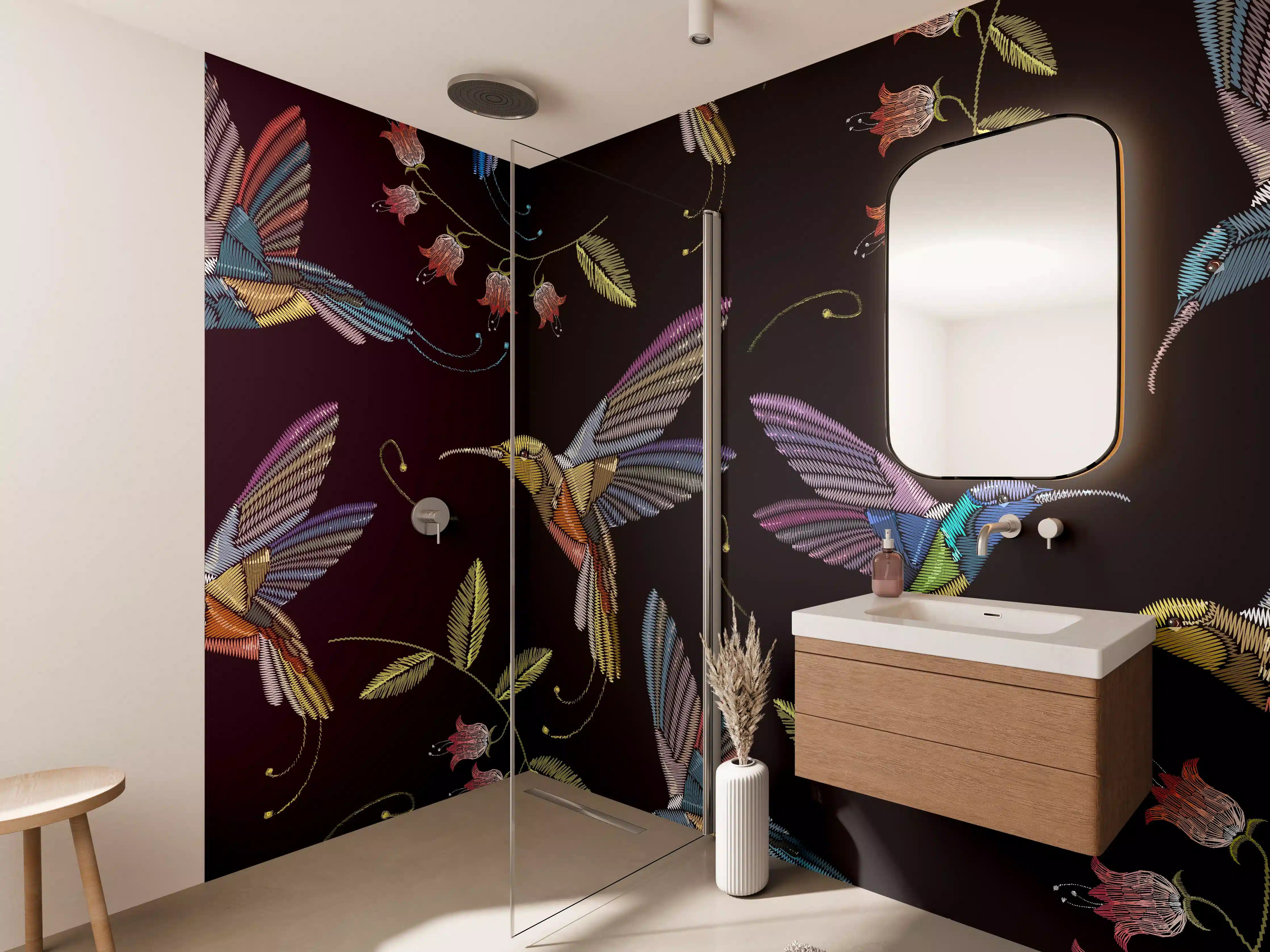 Wandverkleidung Bad - Buntes Kolibri Blumen Muster