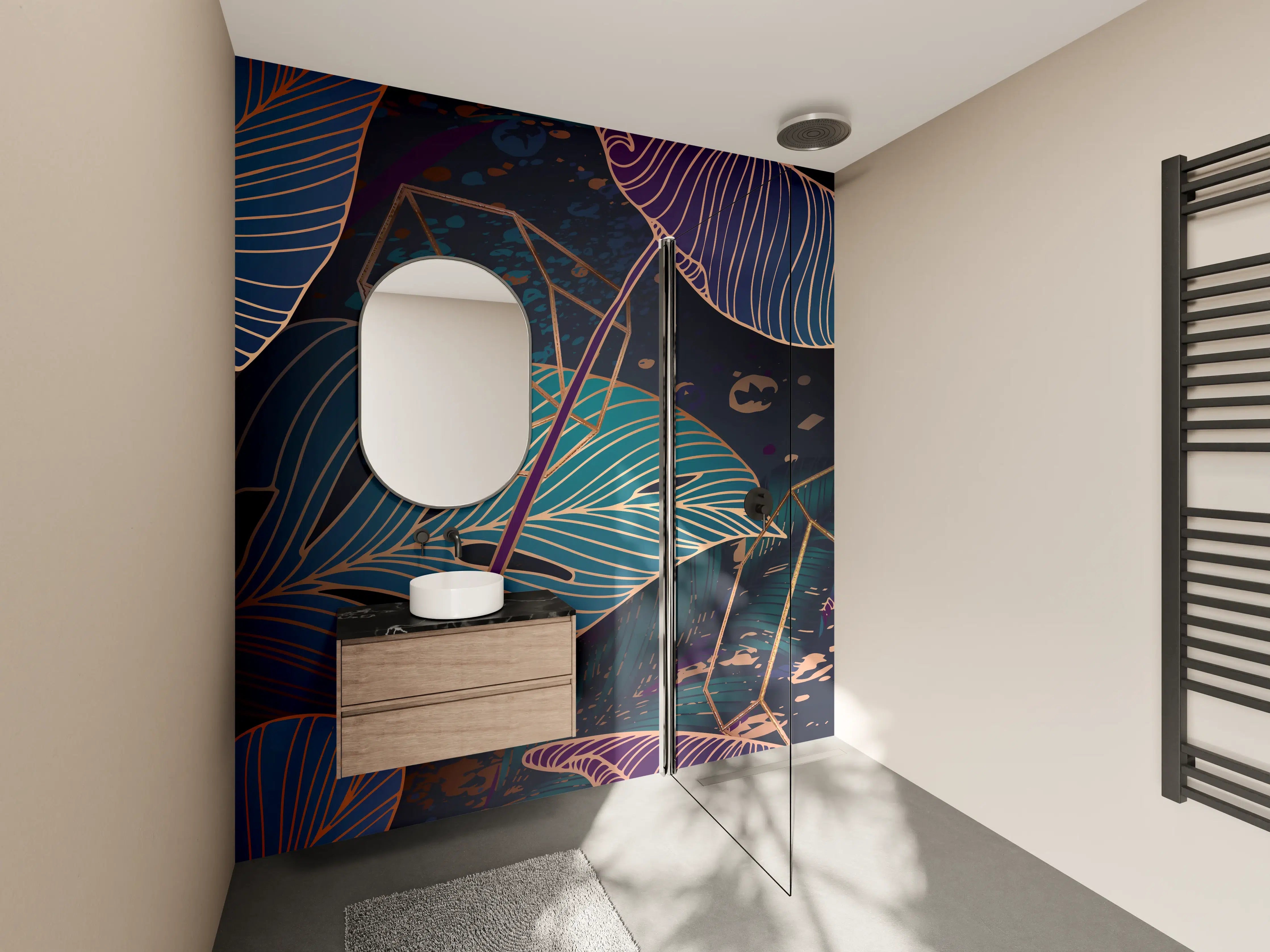 Wandverkleidung Bad - Buntes Laubmuster Nacht