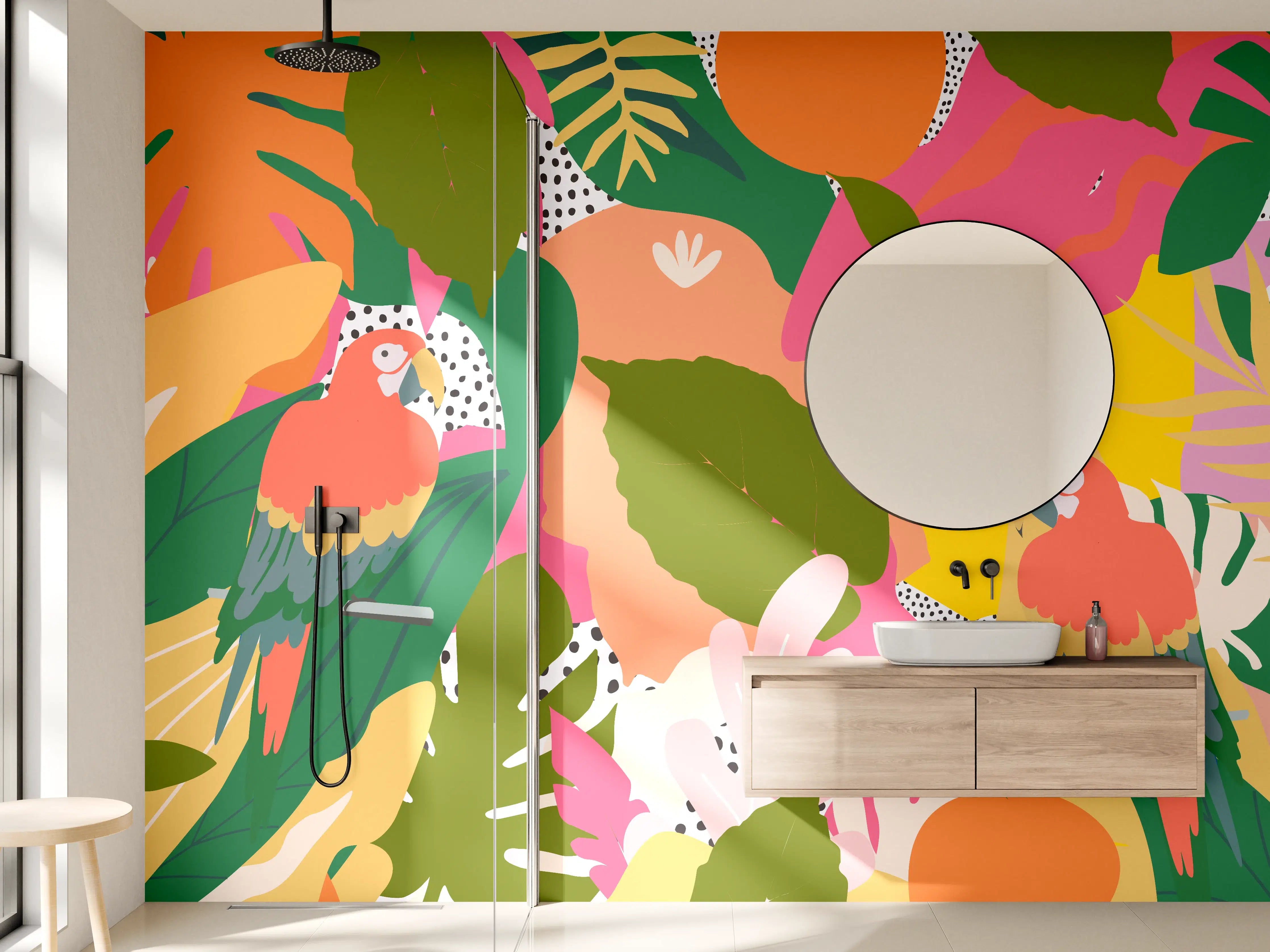 Wandverkleidung Bad - Buntes Papagei-Dschungelmuster