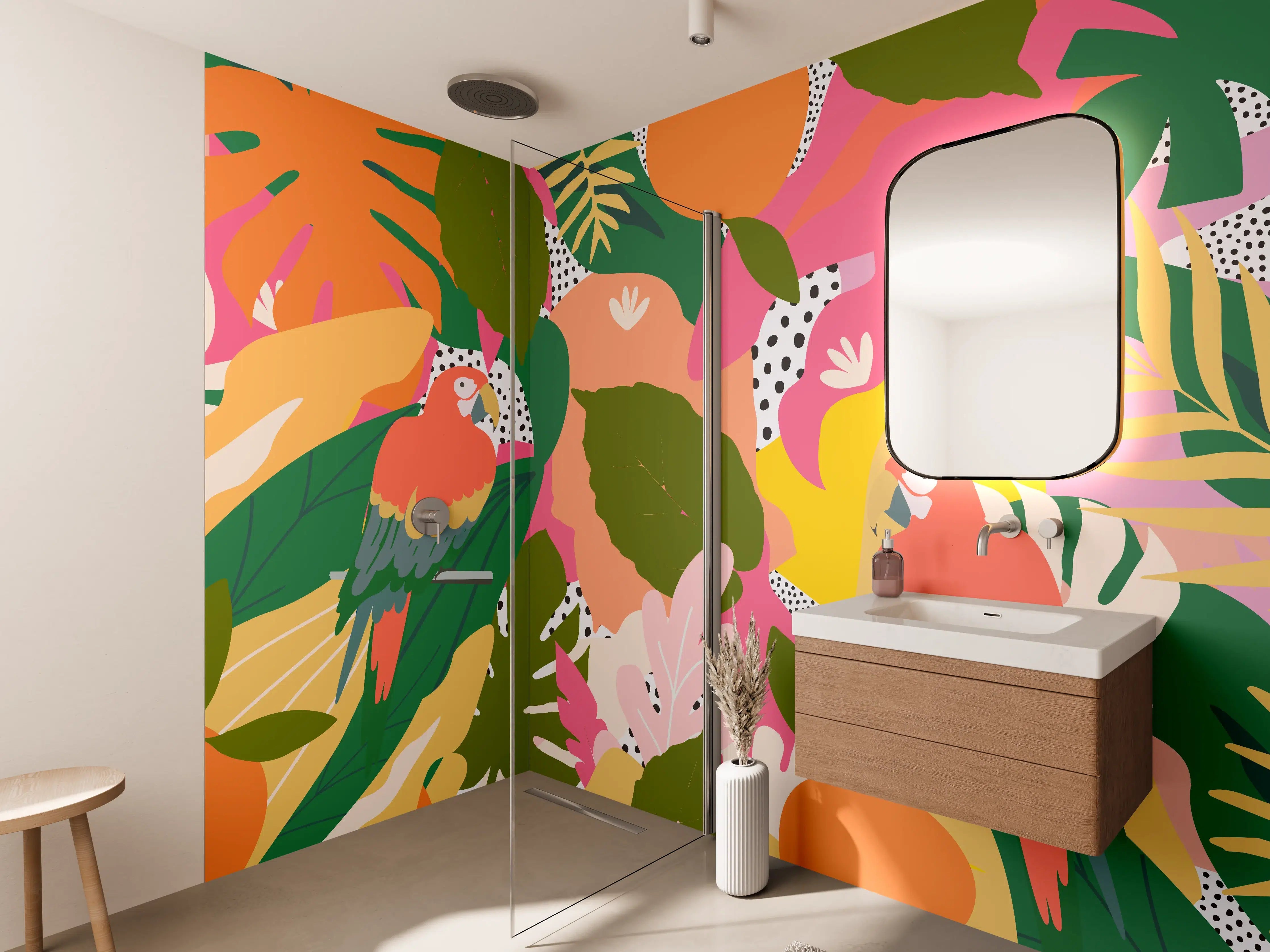 Wandverkleidung Bad - Buntes Papagei-Dschungelmuster