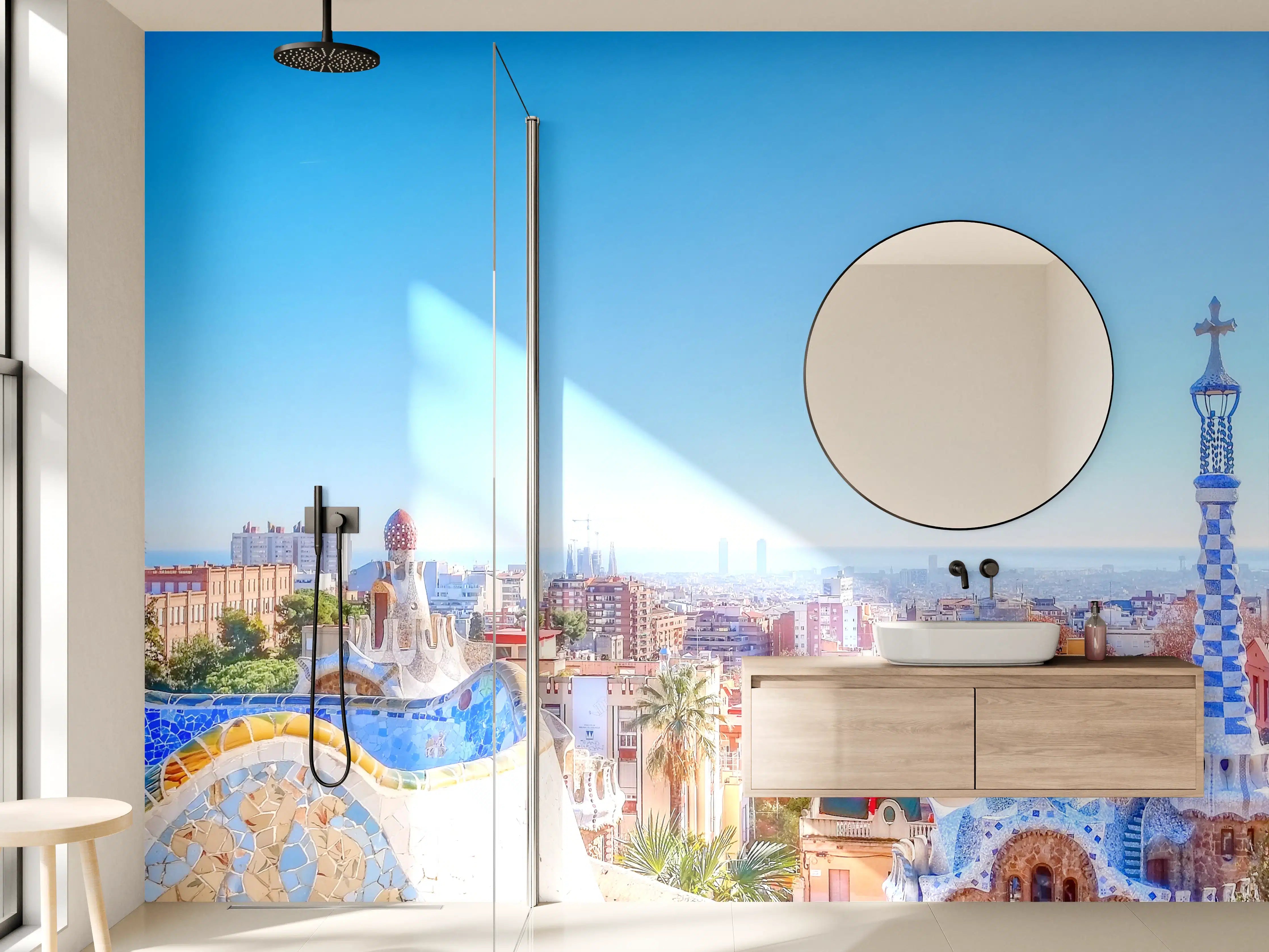 Wandverkleidung Bad - Buntes Stadtpanorama mit Architekturelementen