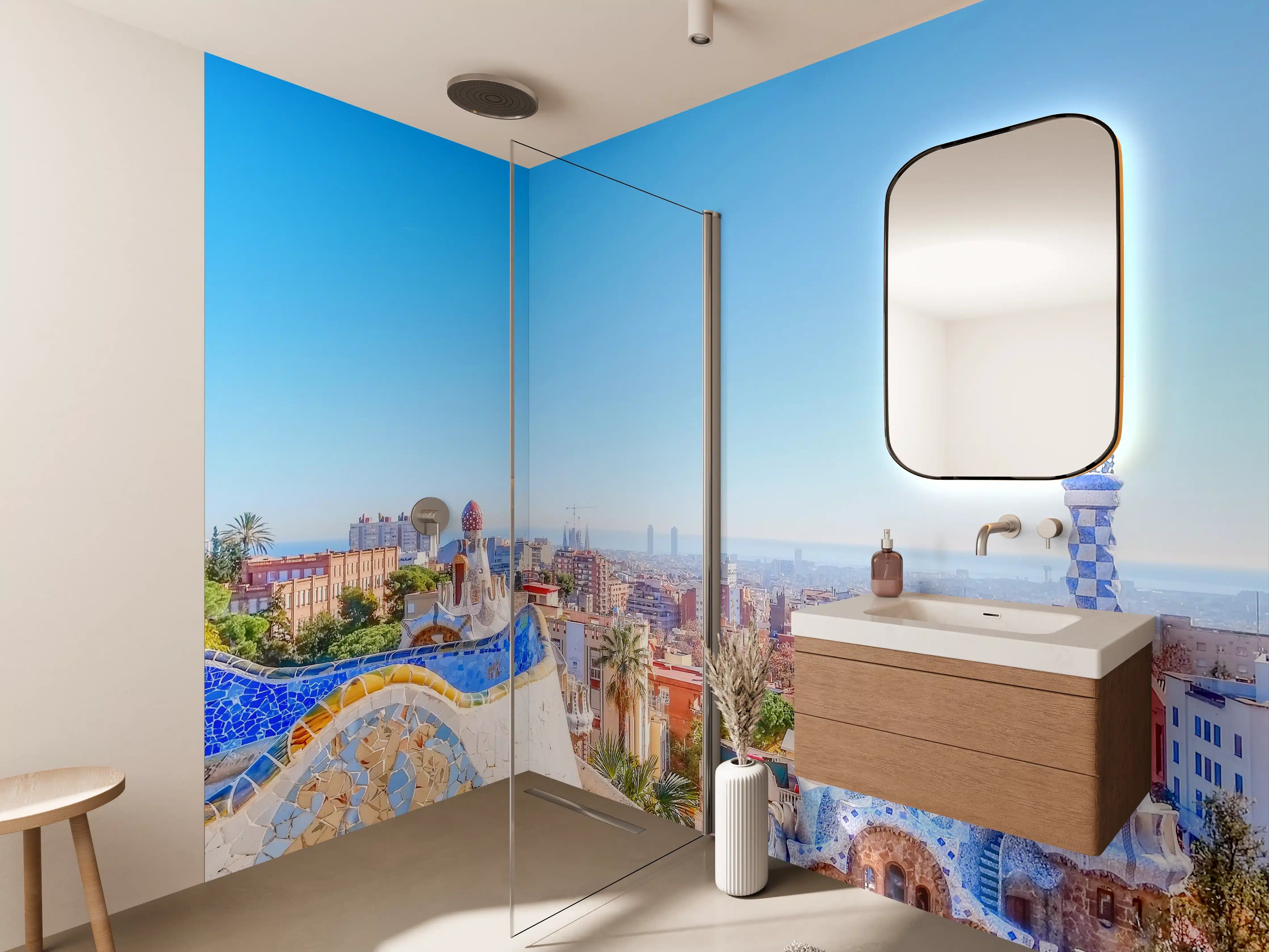 Wandverkleidung Bad - Buntes Stadtpanorama mit Architekturelementen