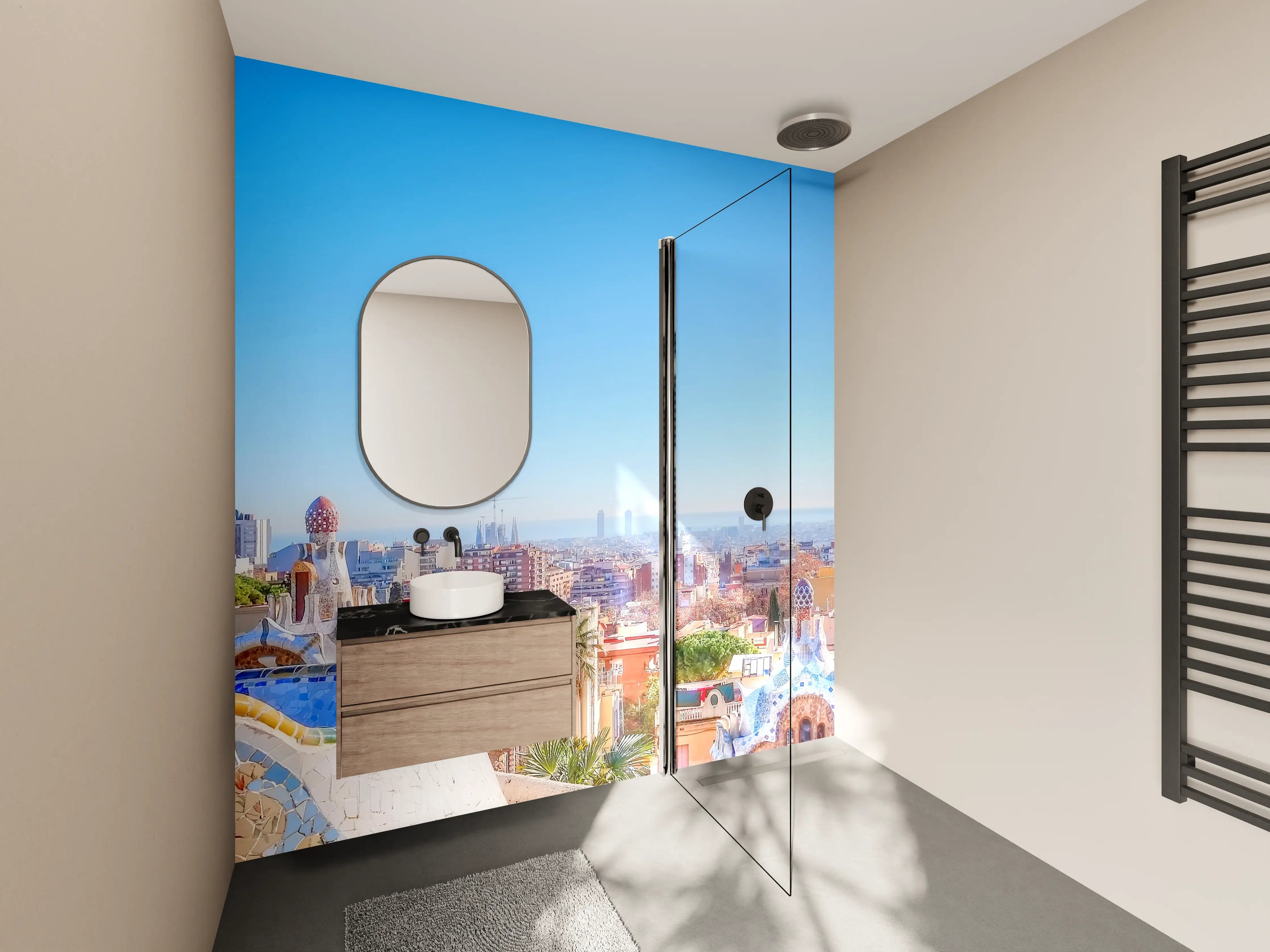 Wandverkleidung Bad - Buntes Stadtpanorama mit Architekturelementen