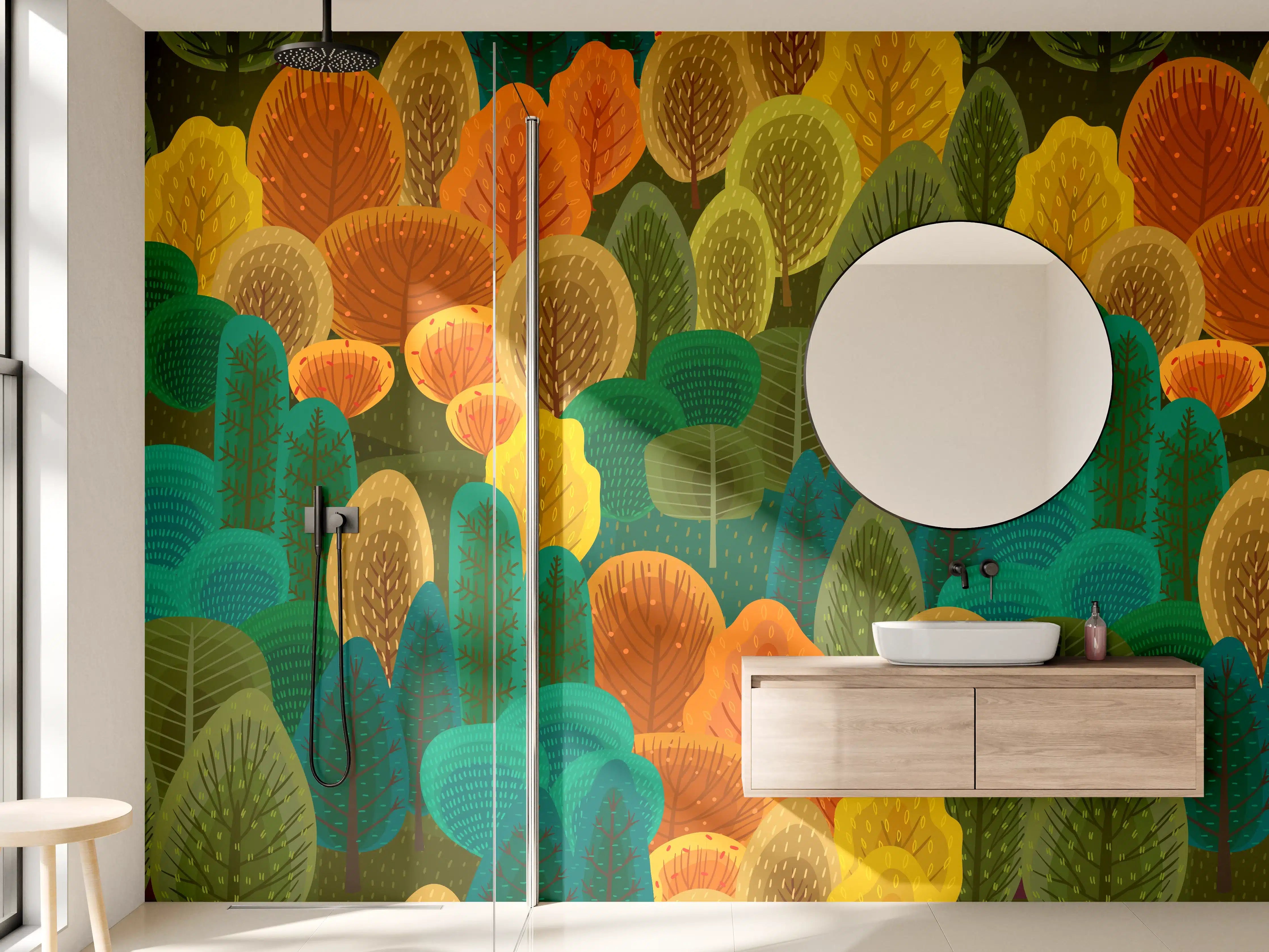 Wandverkleidung Bad - Buntes Waldmuster Design