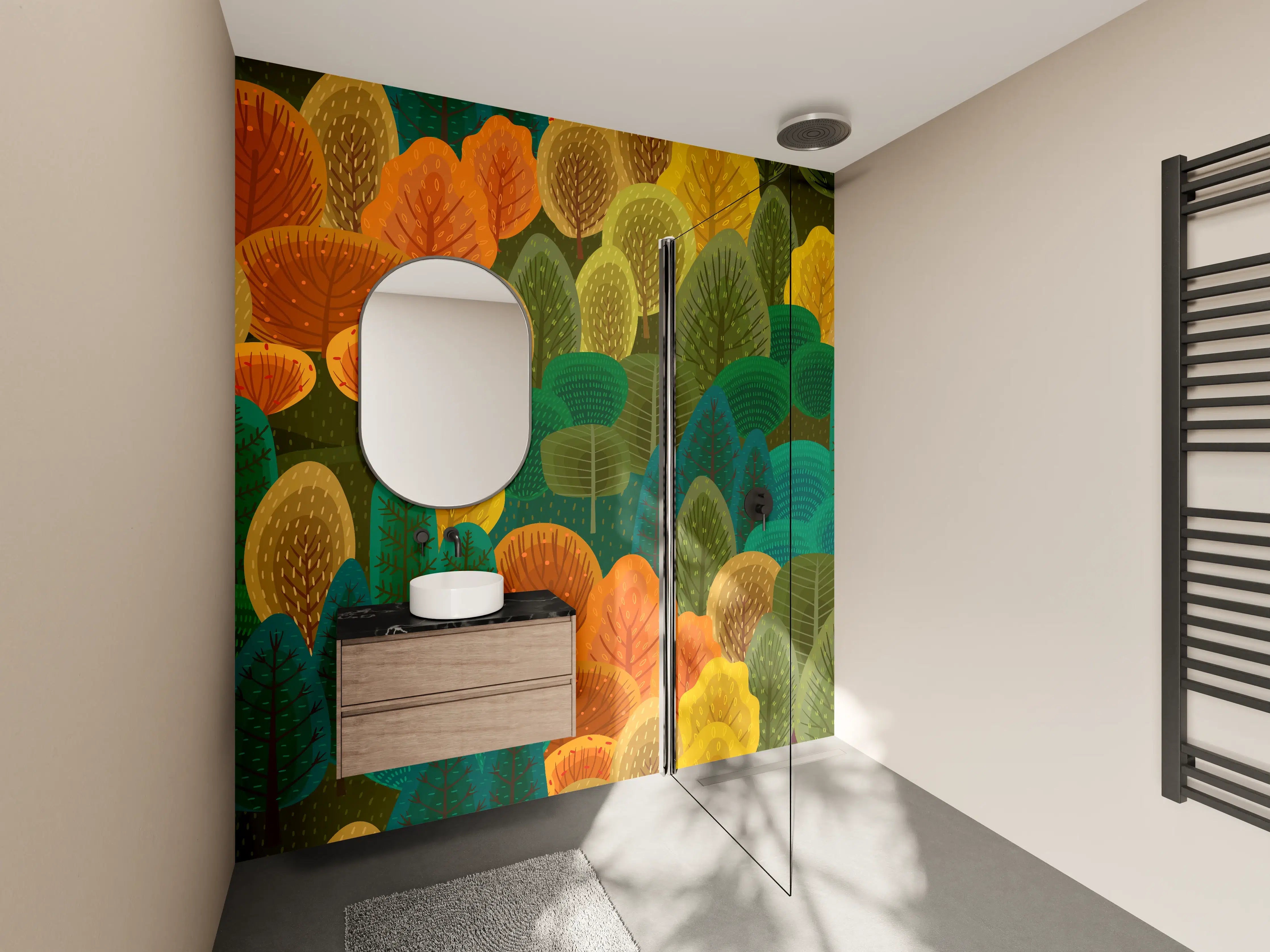 Wandverkleidung Bad - Buntes Waldmuster Design