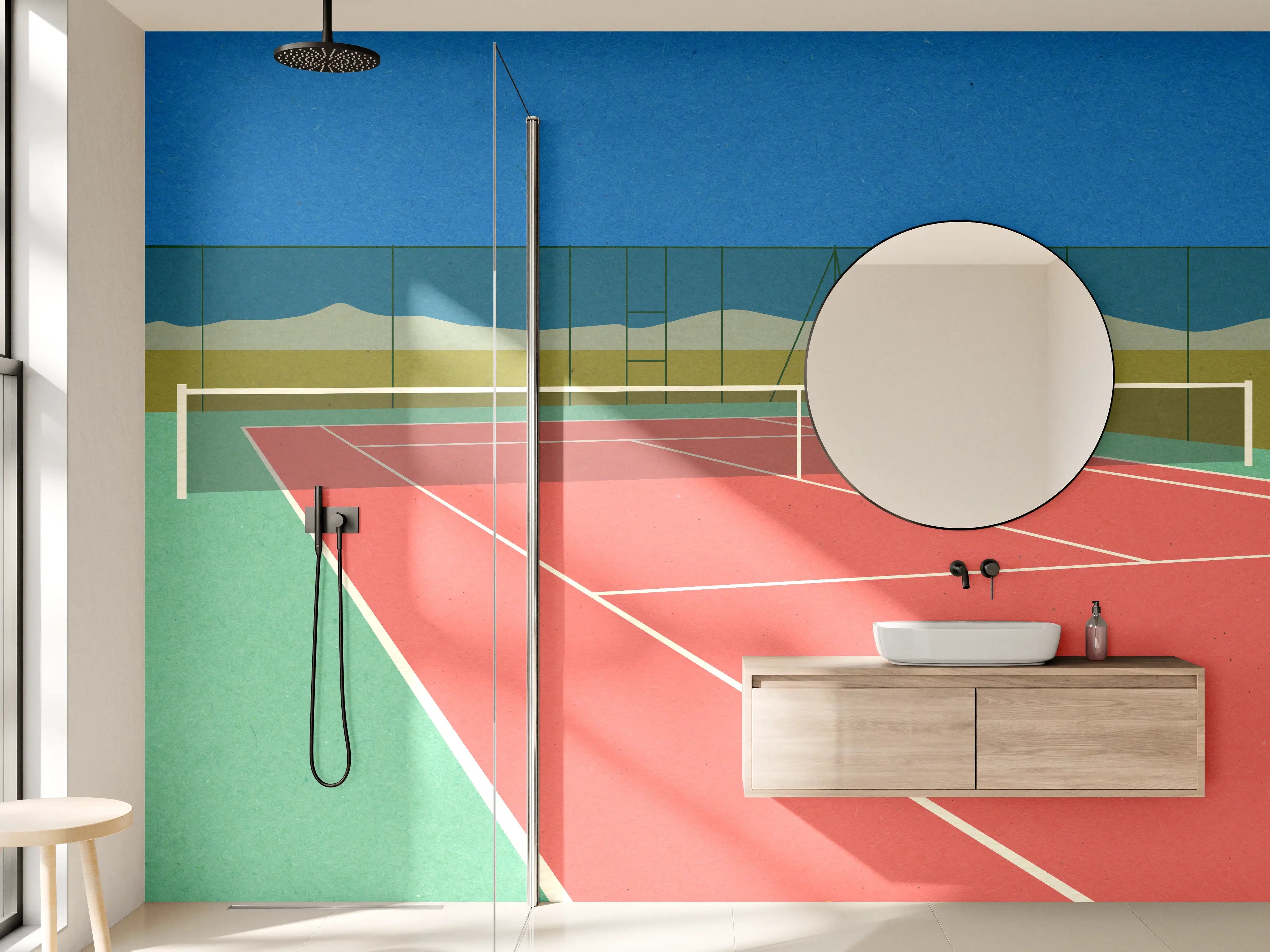 Wandverkleidung Bad - Buntes Wüsten-Tennis-Court Papierkunst