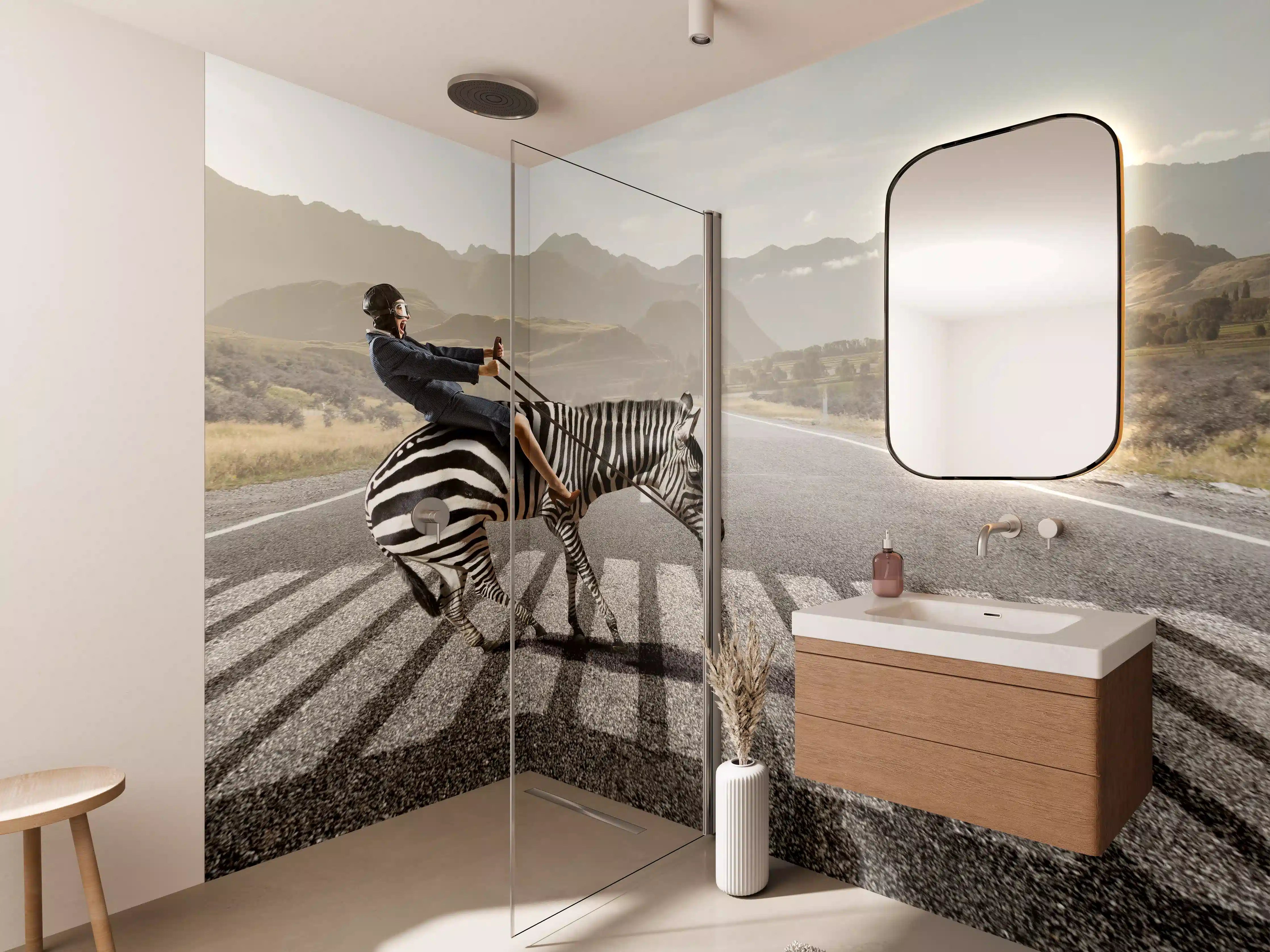 Wandverkleidung Bad - Businesswoman auf Zebra