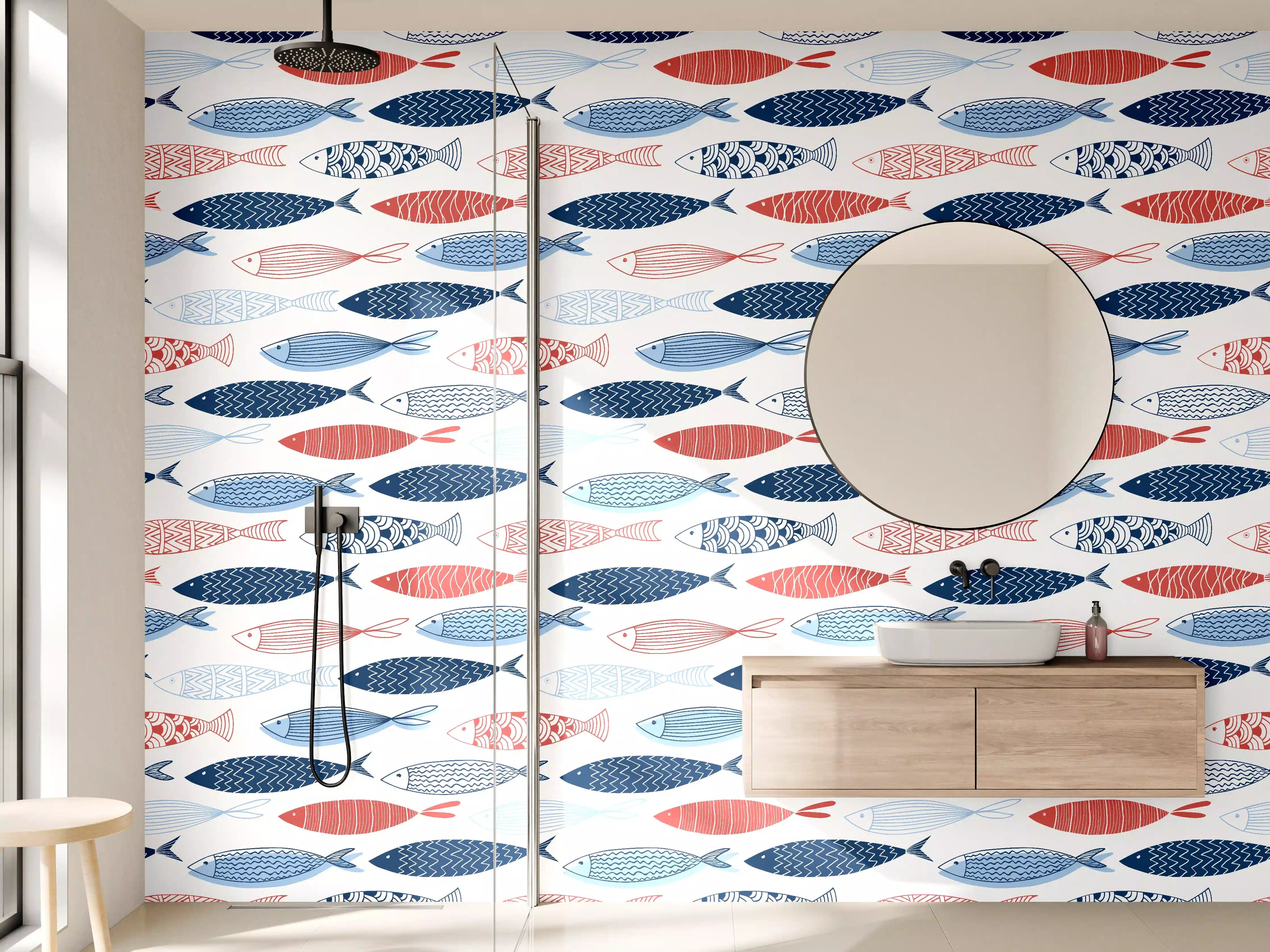 Wandverkleidung Bad - Cartoon-Fische Blau-Rot