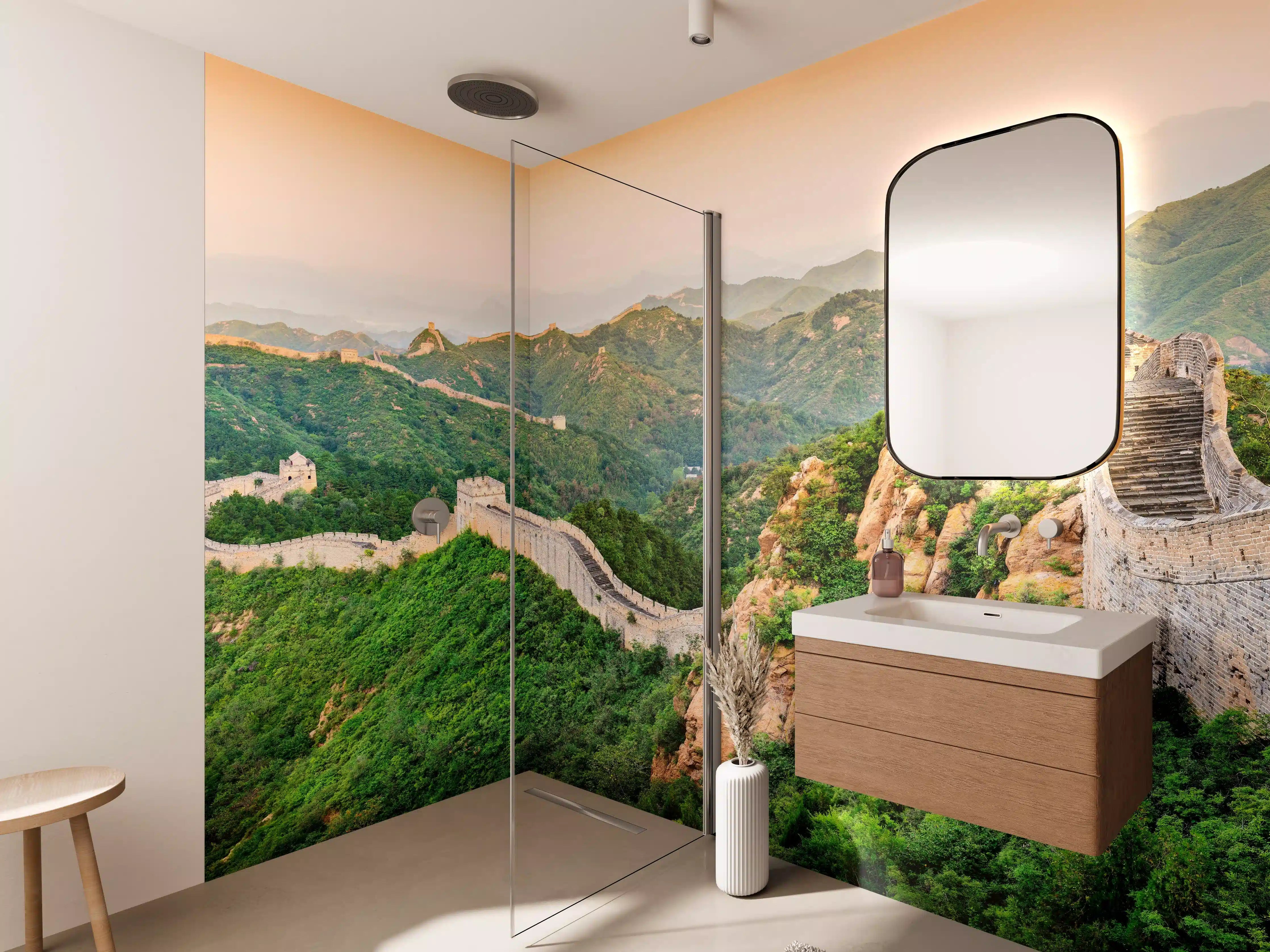 Wandverkleidung Bad - Chinesische Mauer Panorama Grün-Orange