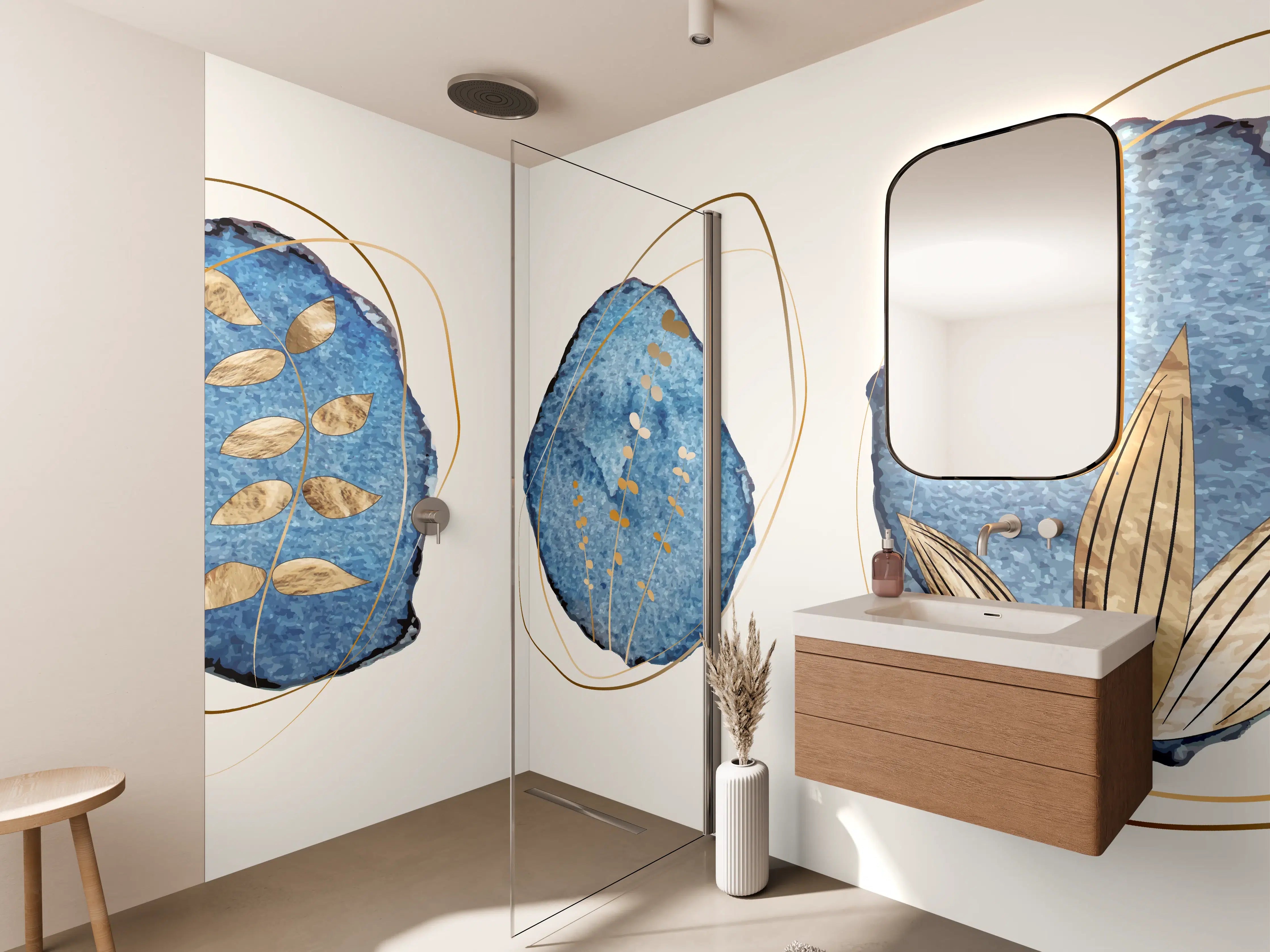 Wandverkleidung Bad - Denim Blau Naturmotiv Kunstdruck