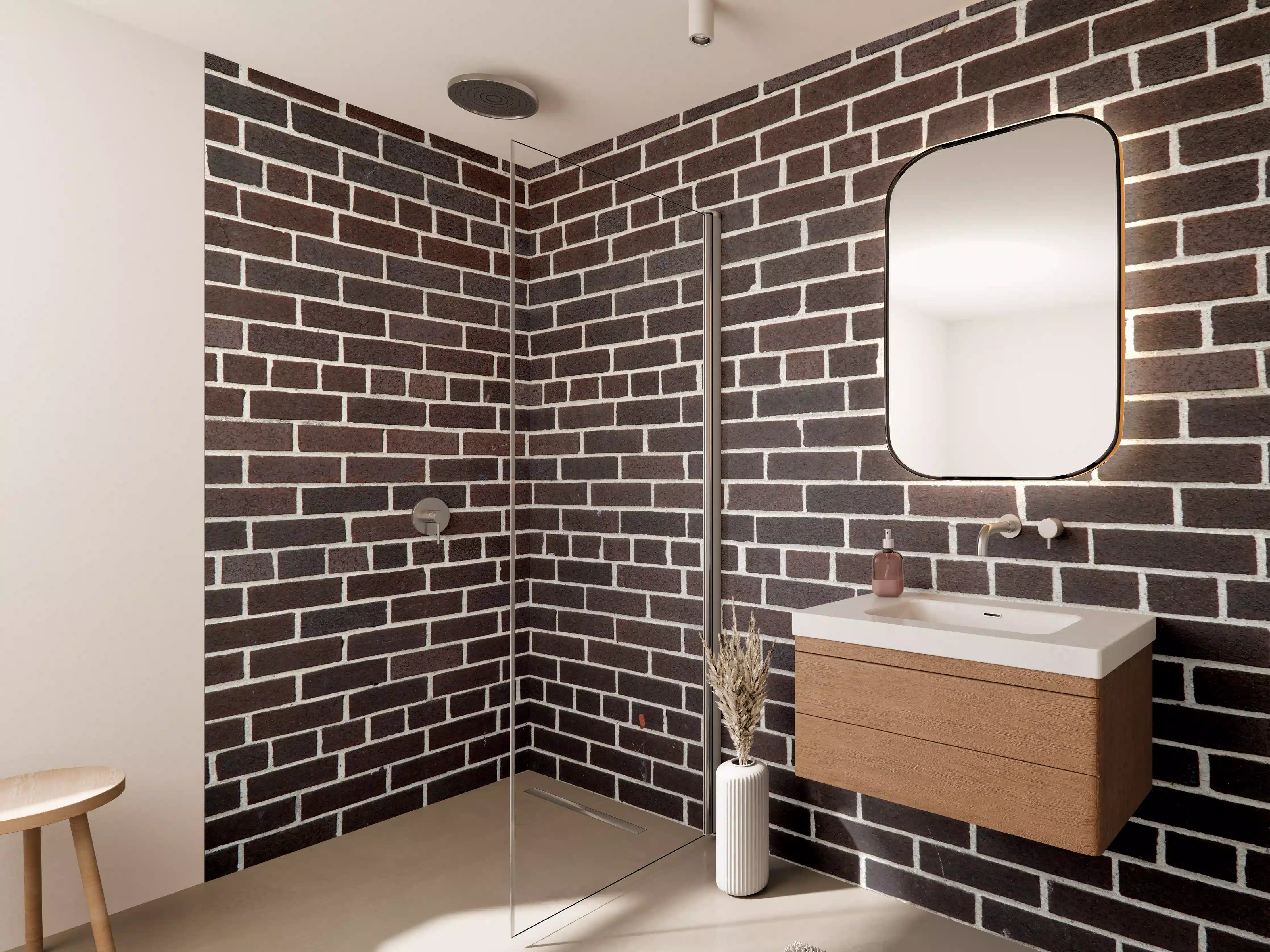 Wandverkleidung Bad - Detaillierte Ziegelmauer in dunklen Tönen