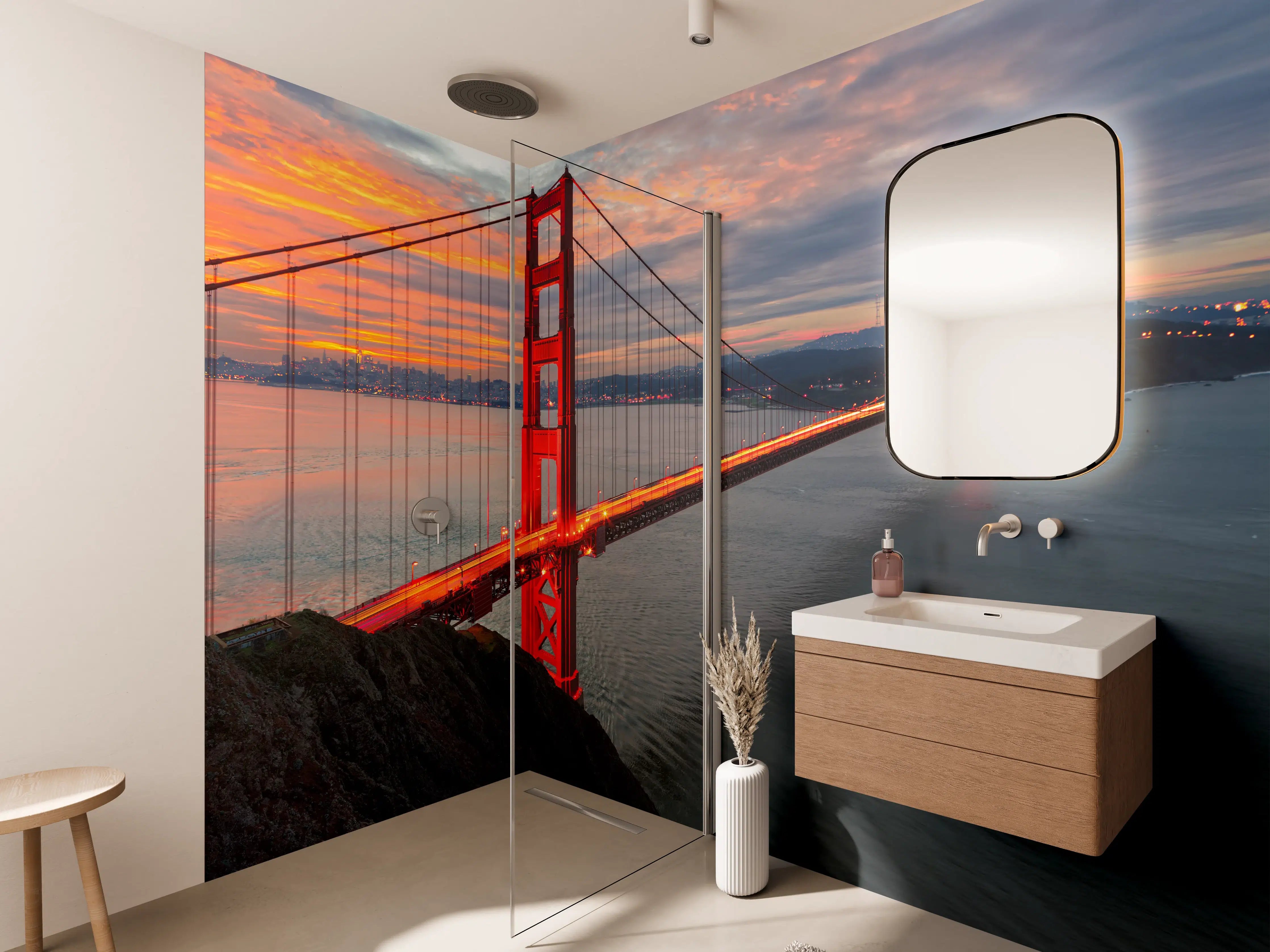 Wandverkleidung Bad - Die Golden Gate Bridge bei Sonnenaufgang