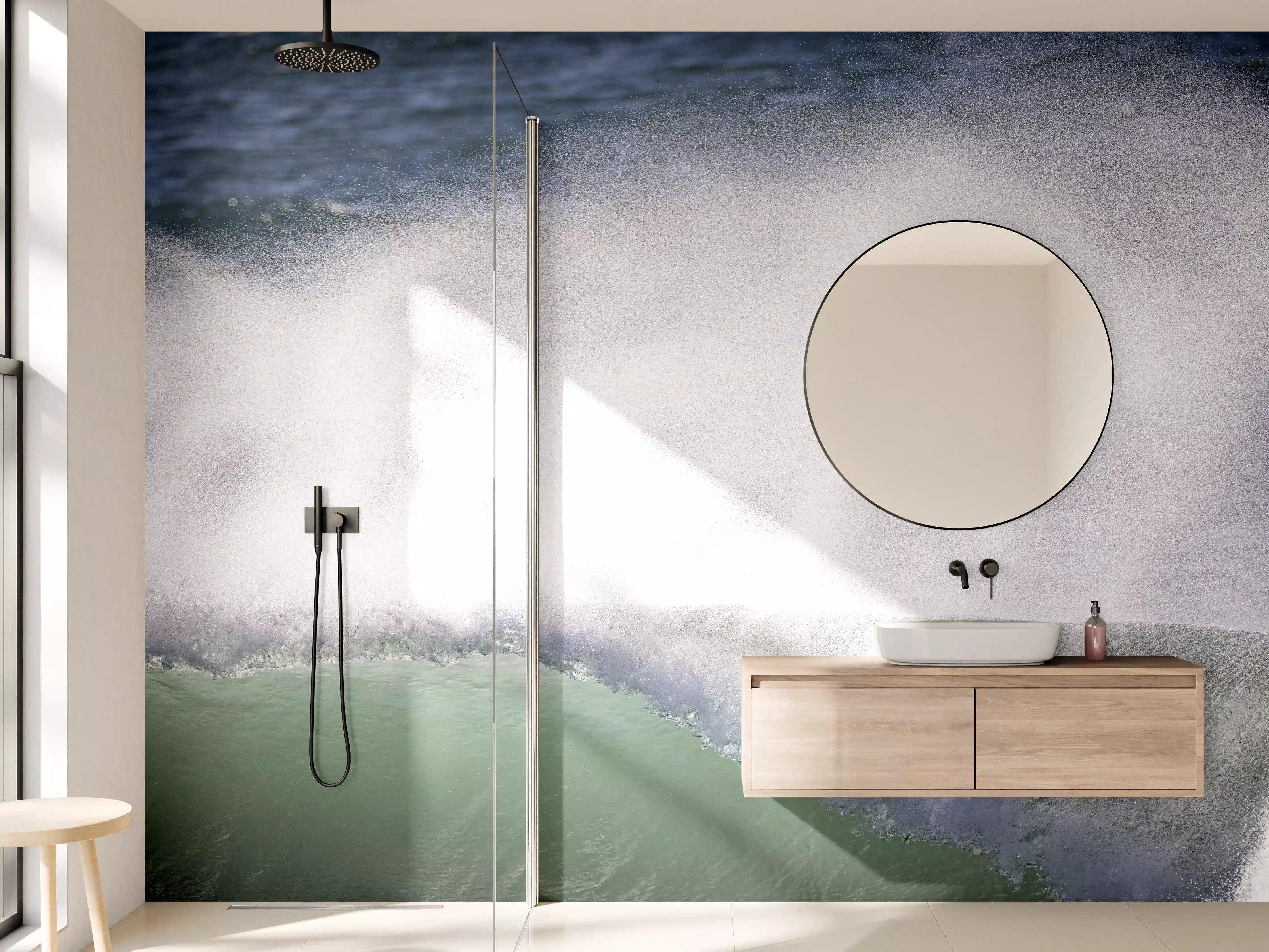 Wandverkleidung Bad - Dramatische Ozeanwellen in Grau-Weiß