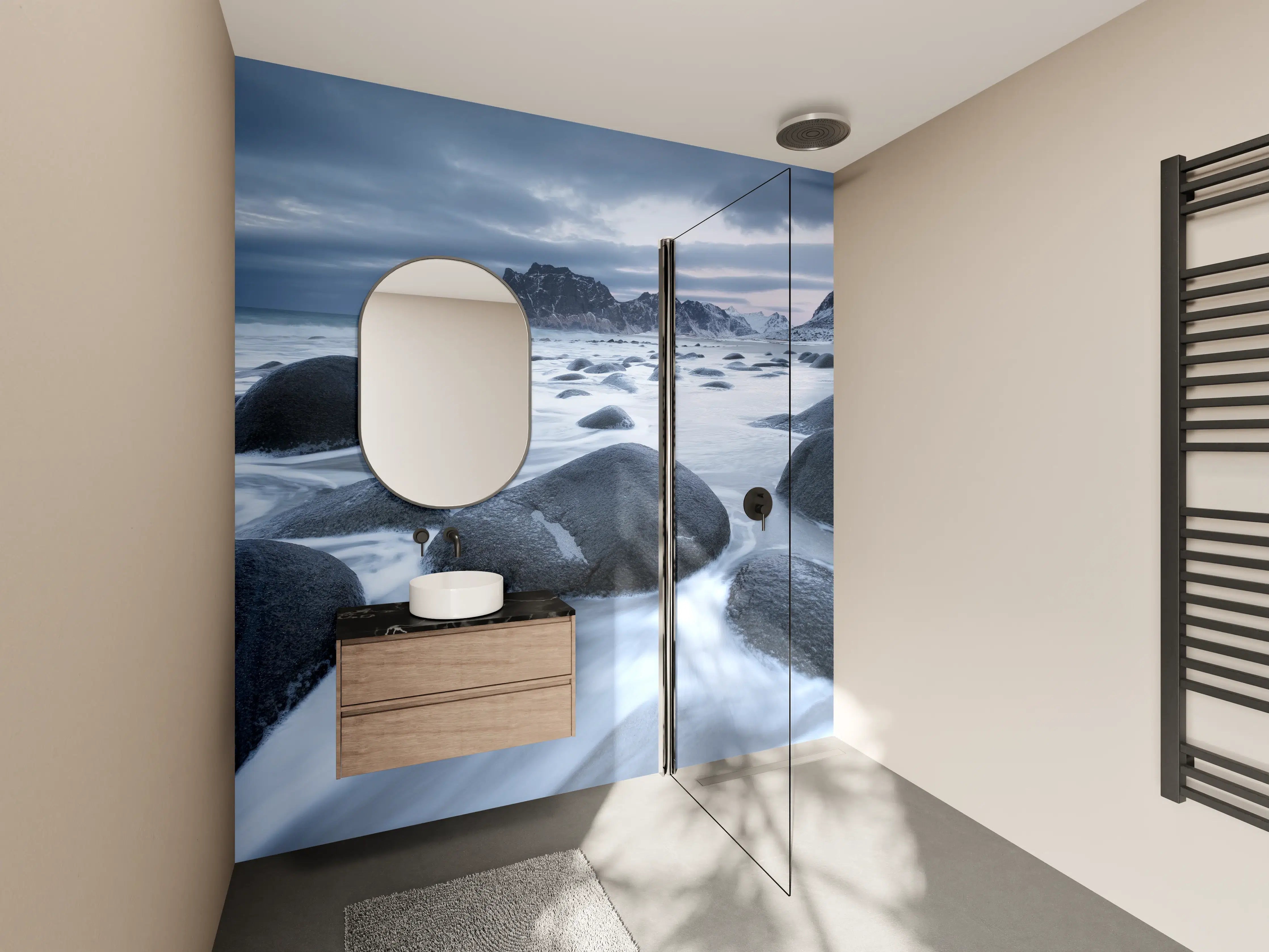 Wandverkleidung Bad - Dramatischer Küstenblick mit dunklen Wolken