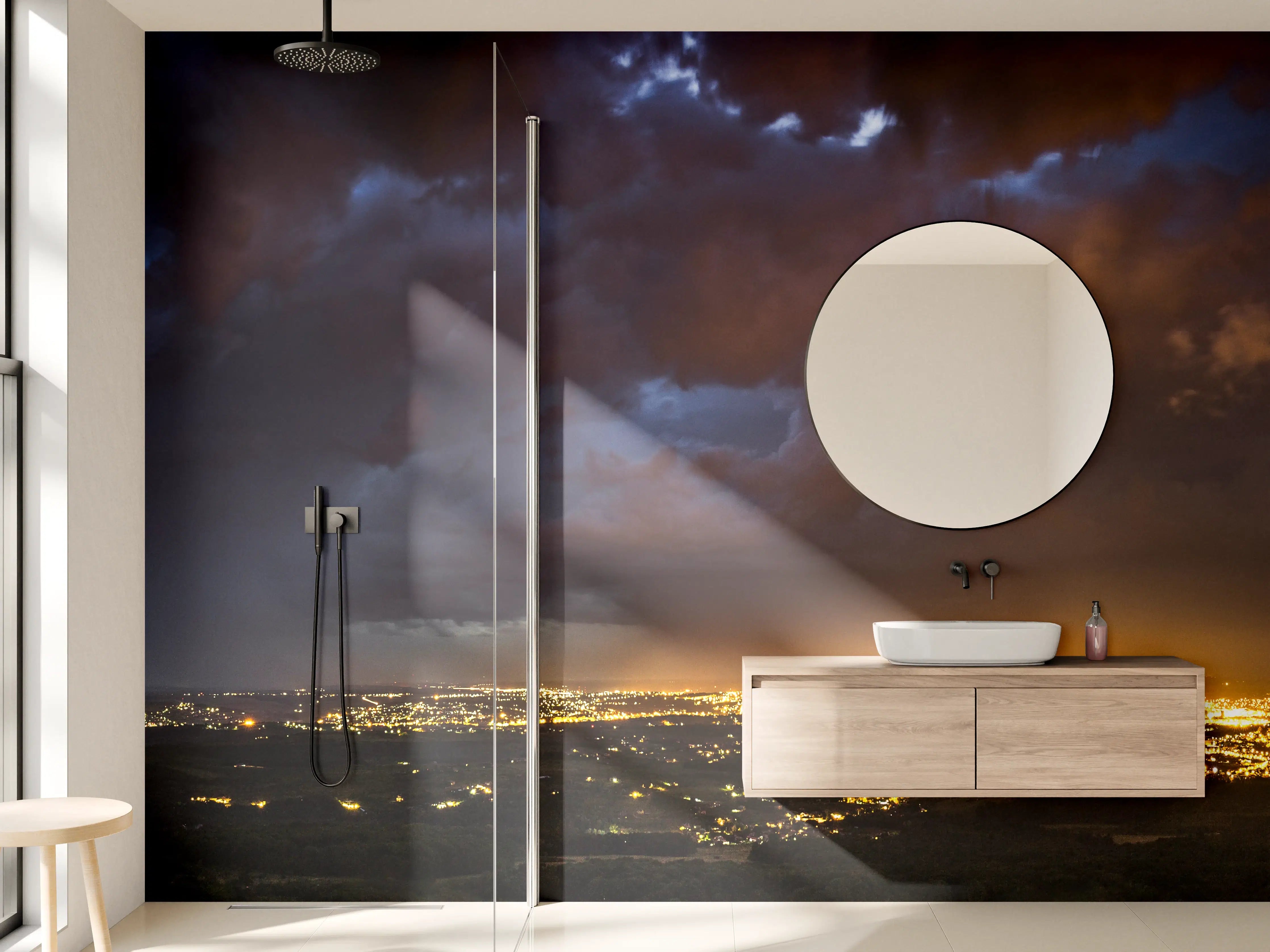 Wandverkleidung Bad - Dramatischer nächtlicher Himmel über der Stadt