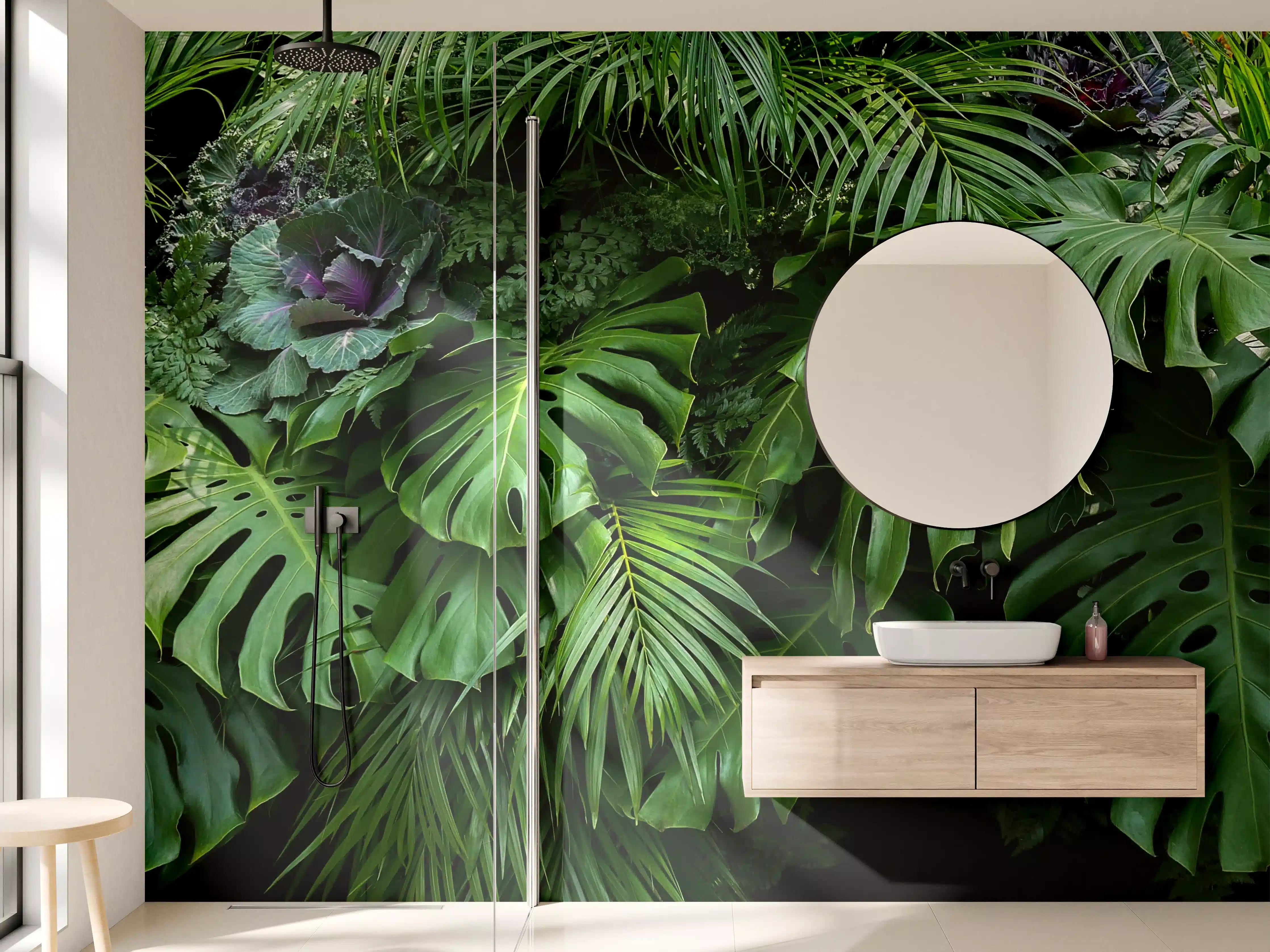 Wandverkleidung Bad - Dschungel mit verschiedenen grünen Blättern