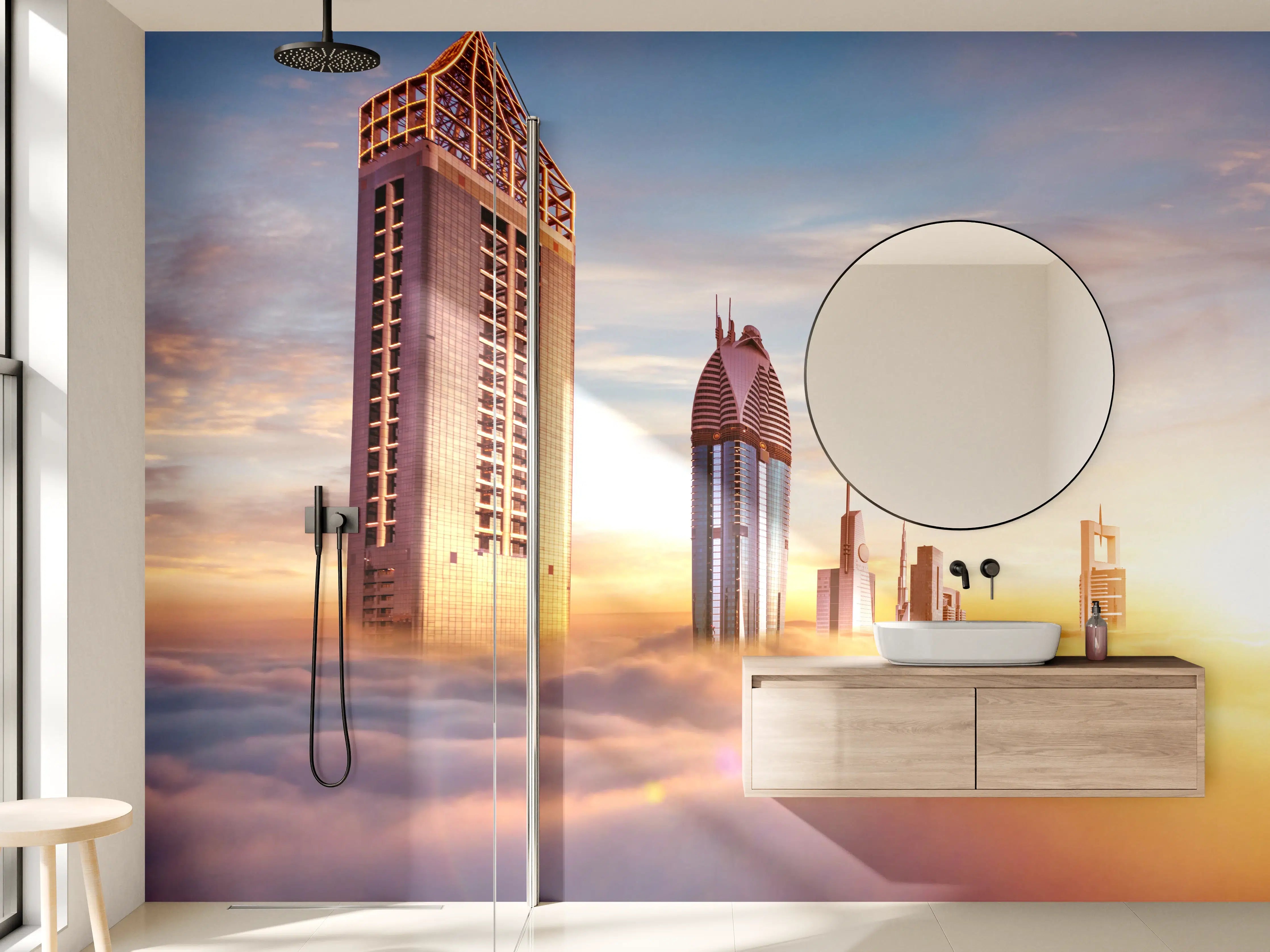 Wandverkleidung Bad - Dubai Wolkenkratzer über den Wolken bei Sonnenaufgang