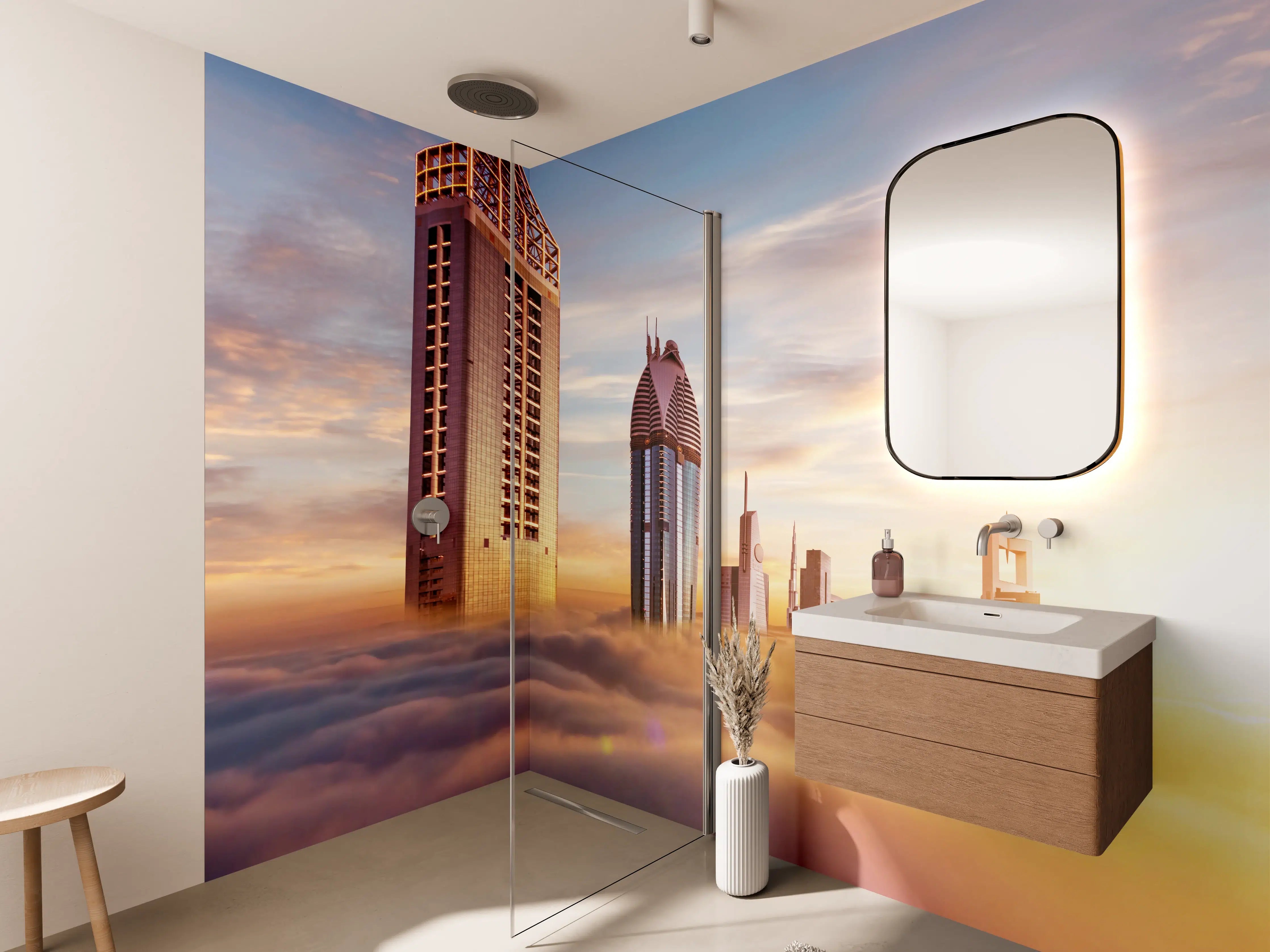 Wandverkleidung Bad - Dubai Wolkenkratzer über den Wolken bei Sonnenaufgang